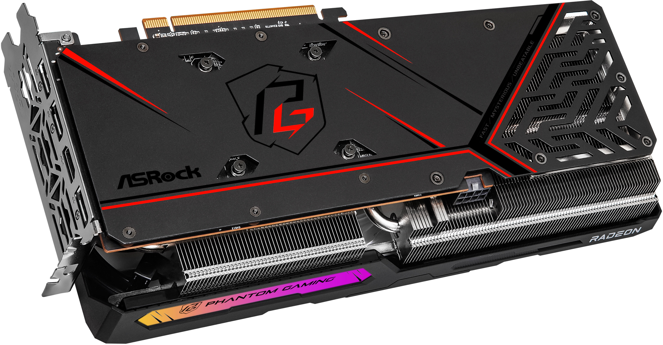 Scheda grafica, design nero e rosso, con ventole e logo Radeon. Mostra il logo Phantom Gaming.
