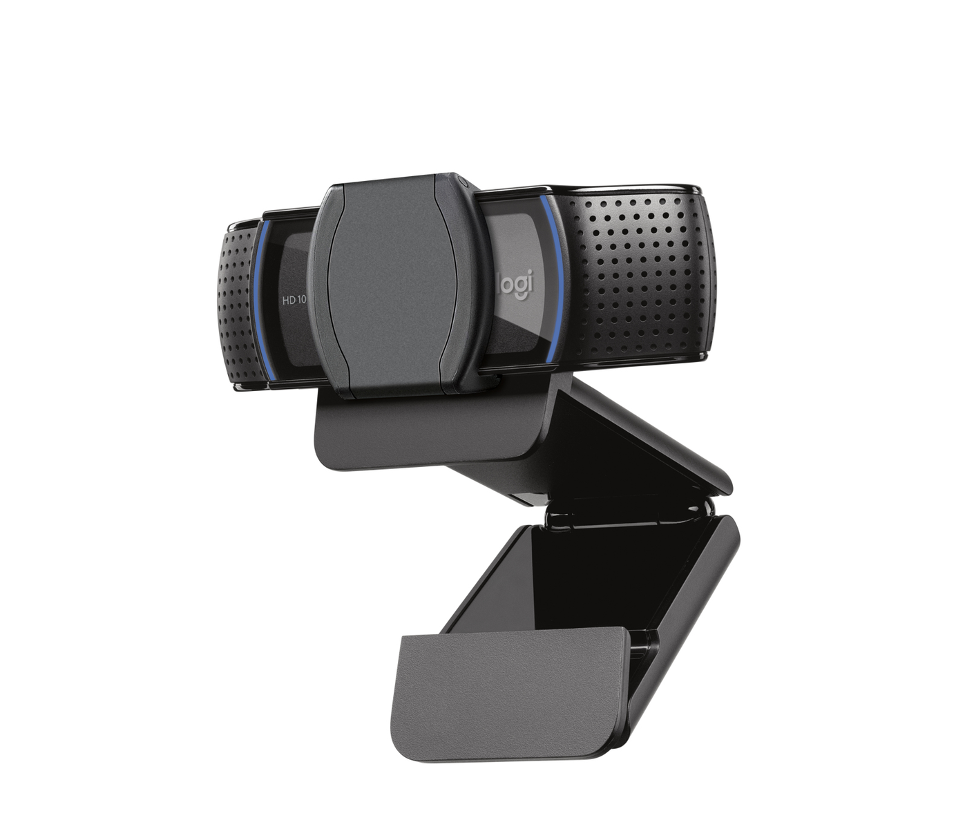 Una webcam nera con un supporto pieghevole, che mostra l'obiettivo e il logo del marchio.