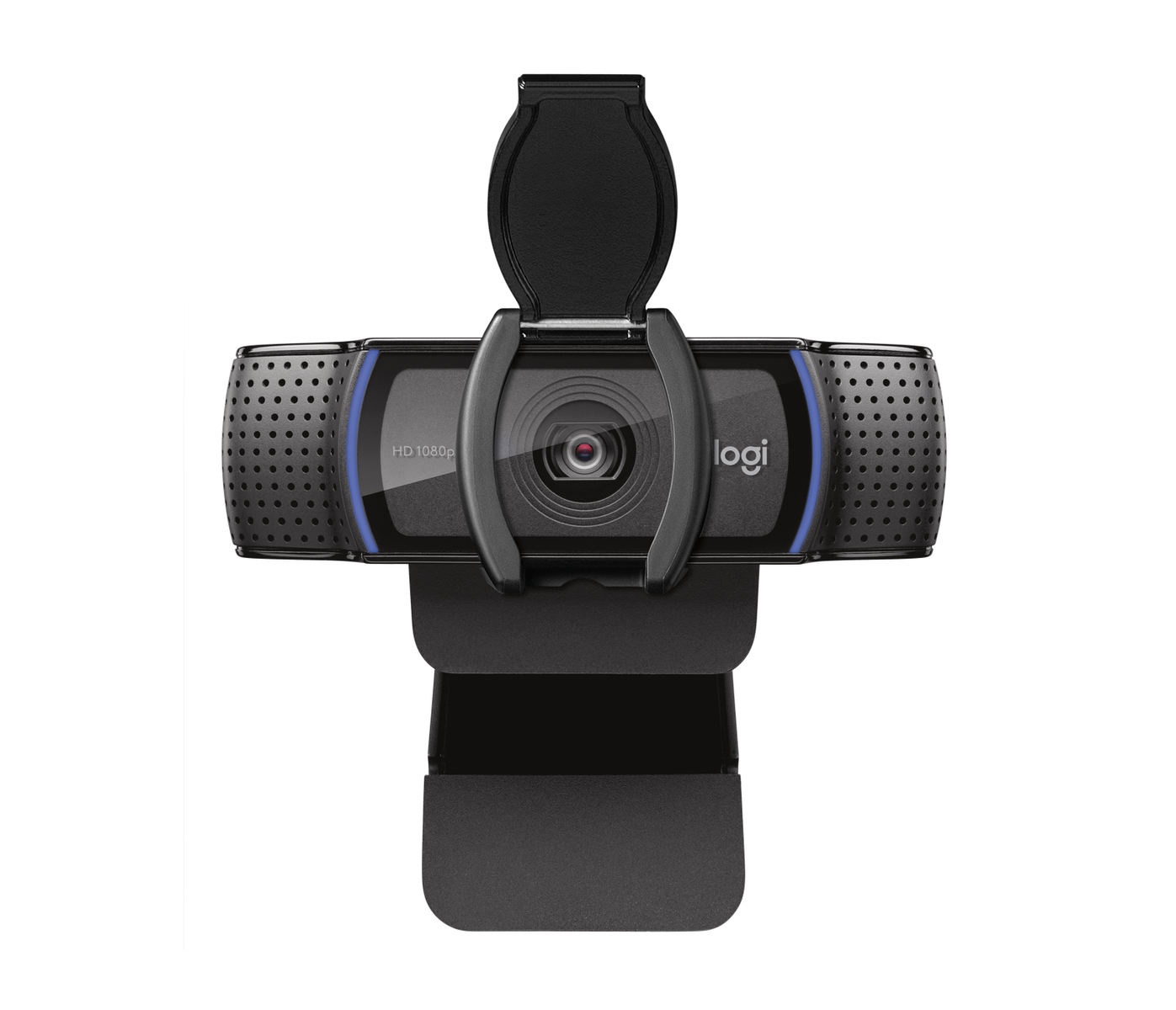 Webcam nera di forma rettangolare con supporto pieghevole. Il marchio 'logi' è visibile.