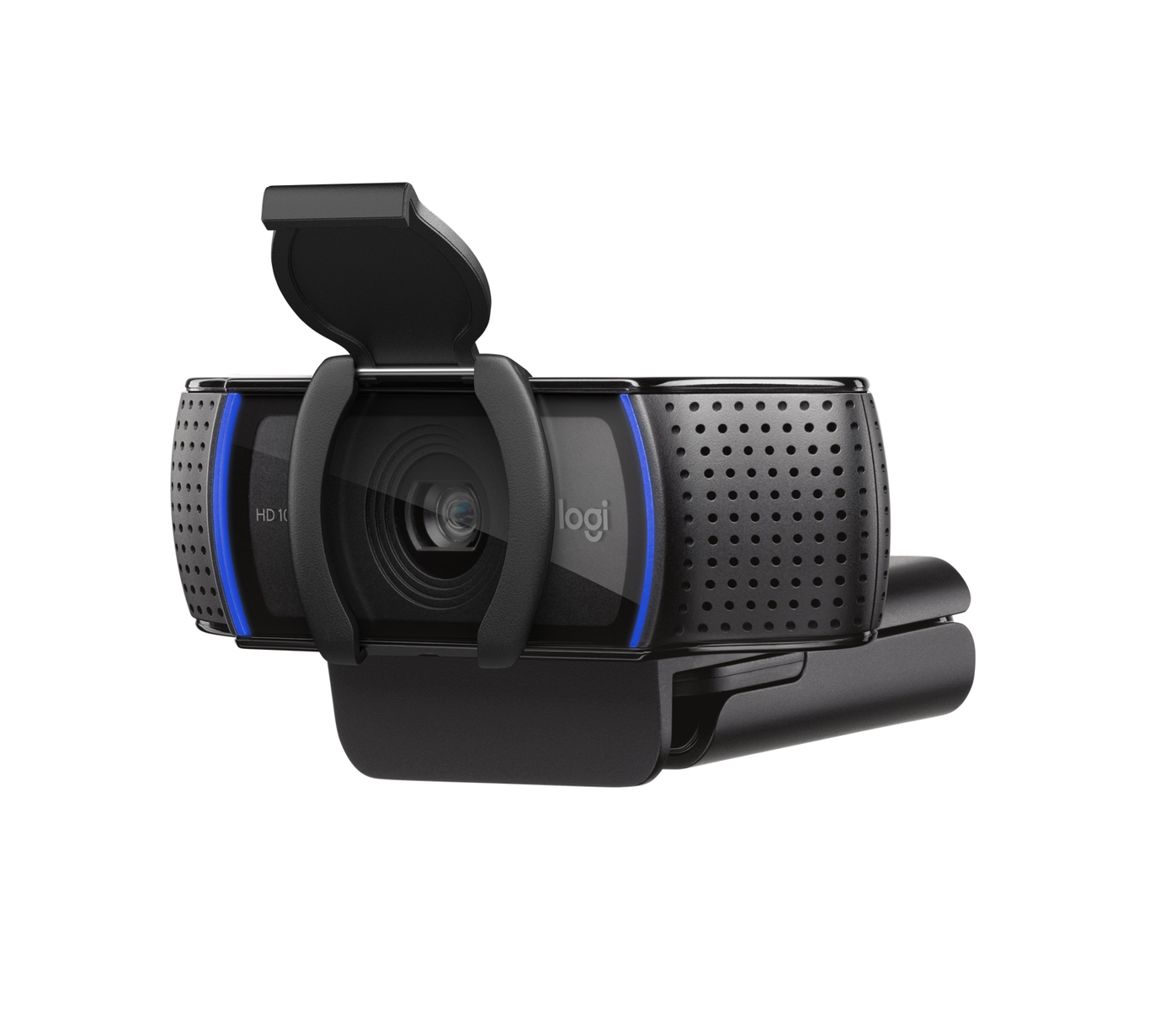 Webcam nera con un accento blu ai lati e la parola logi.