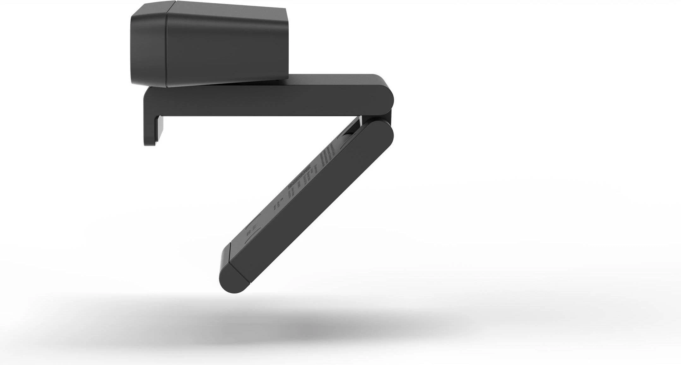 Czarna kamera internetowa na białym tle, zamontowana na elastycznym statywie.