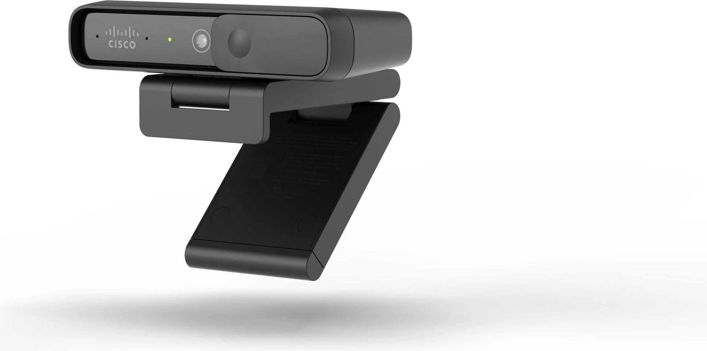 Czarna kamera internetowa Cisco na czarnym wsporniku, białe tło.