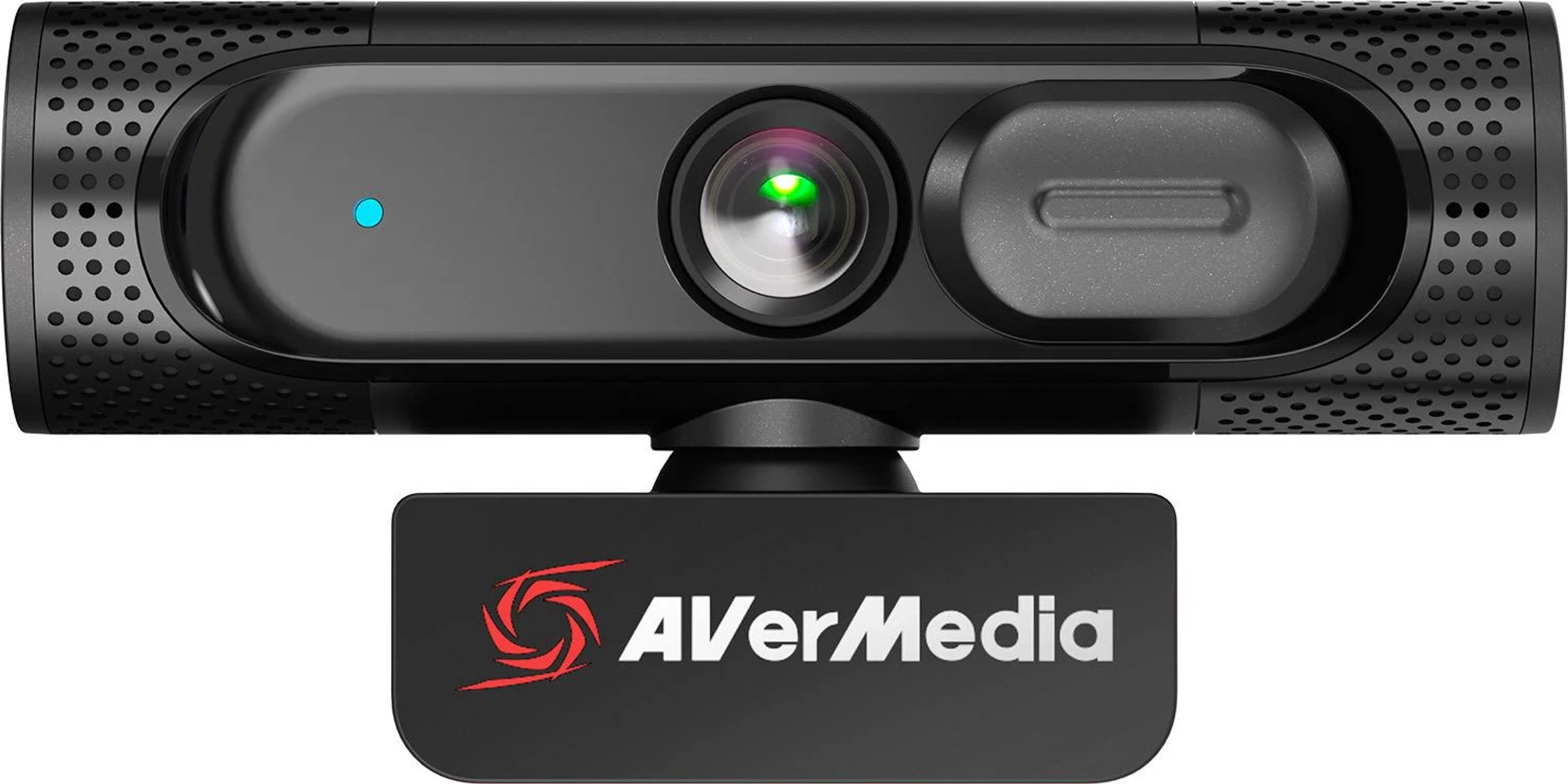 Une webcam AVerMedia noire. Elle a un objectif, un indicateur lumineux et le logo de la marque sur la base.