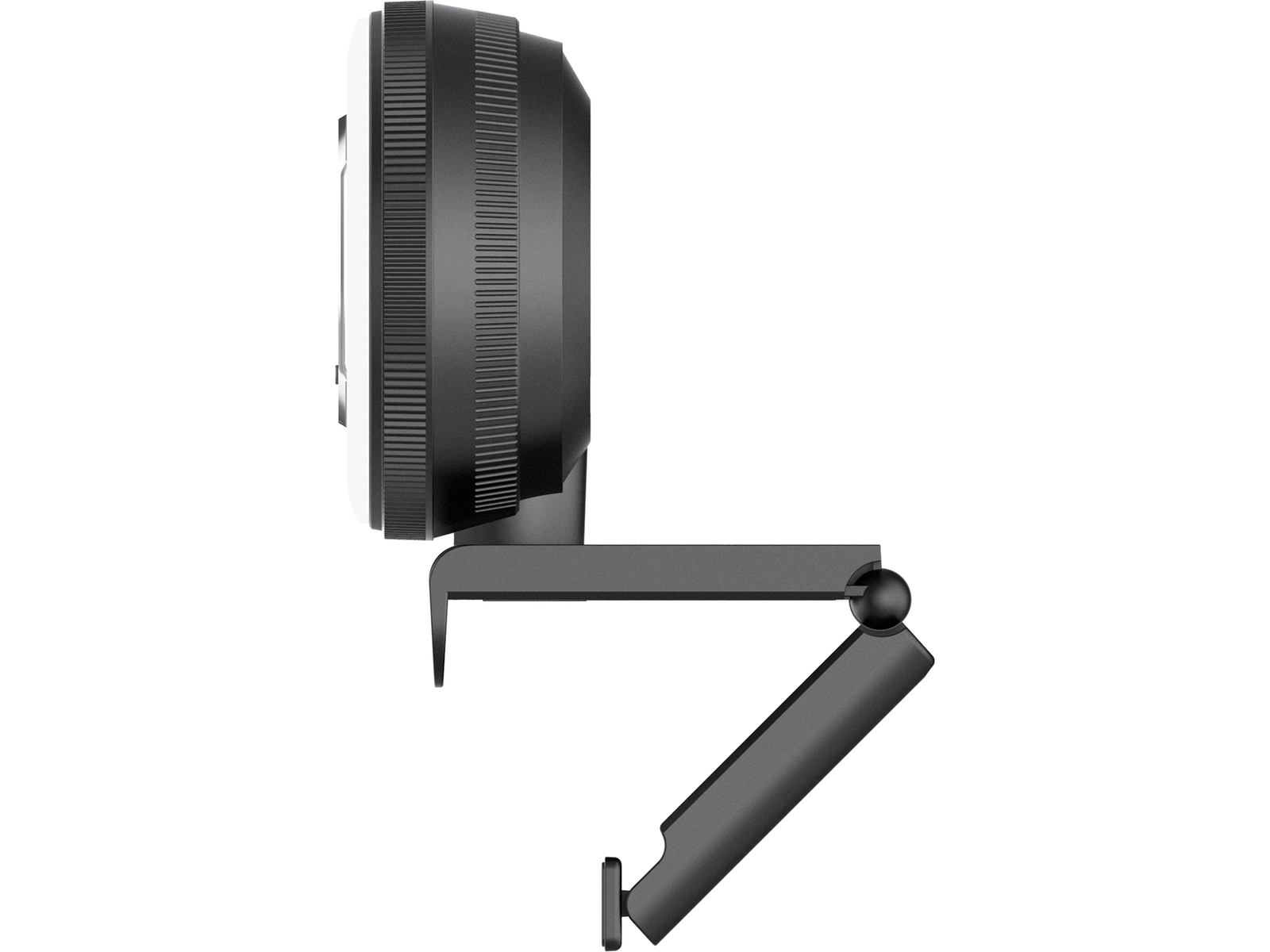 Czarna kamera internetowa z boku. Posiada obiektyw i klips montażowy.