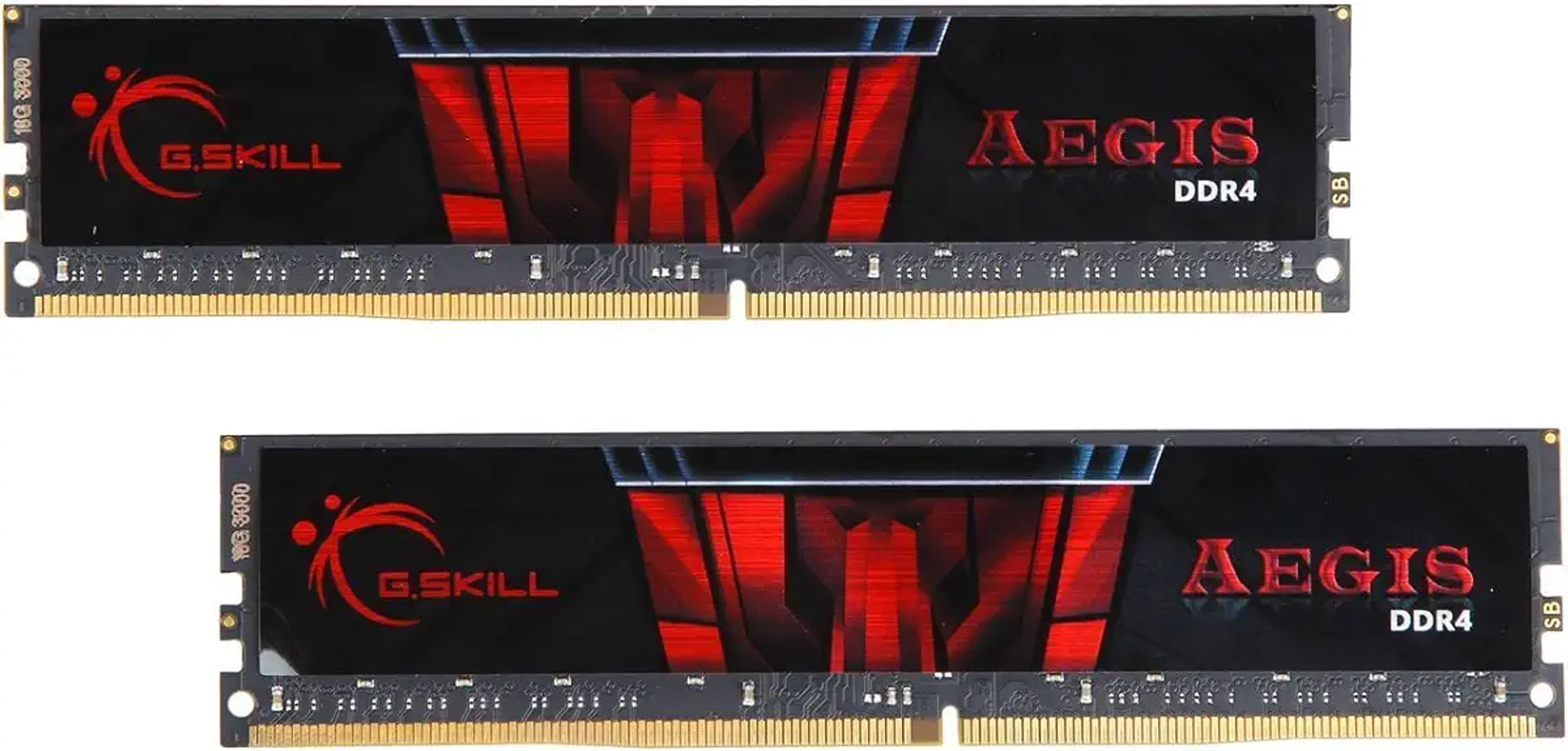 Due moduli RAM neri con dettagli rossi, G.Skill Aegis DDR4. Connettori dorati in basso.