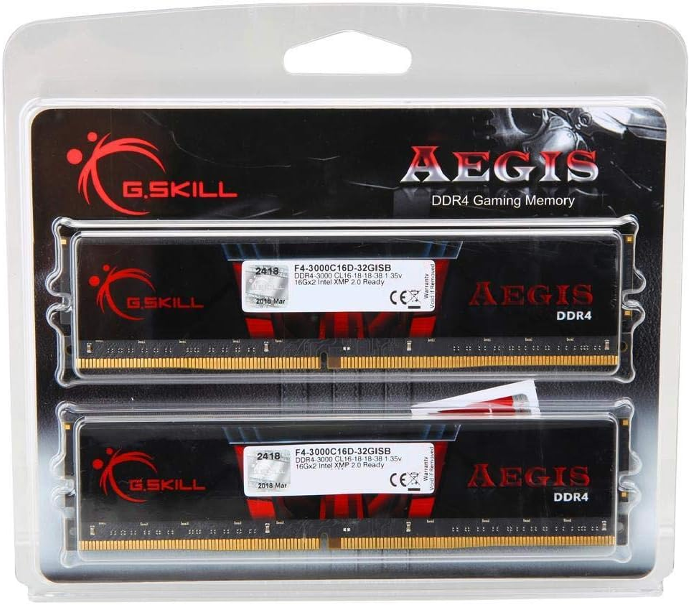 Due moduli RAM in una custodia di plastica. Marchio nero e rosso. Scritto 'AEGIS DDR4 Gaming Memory'.