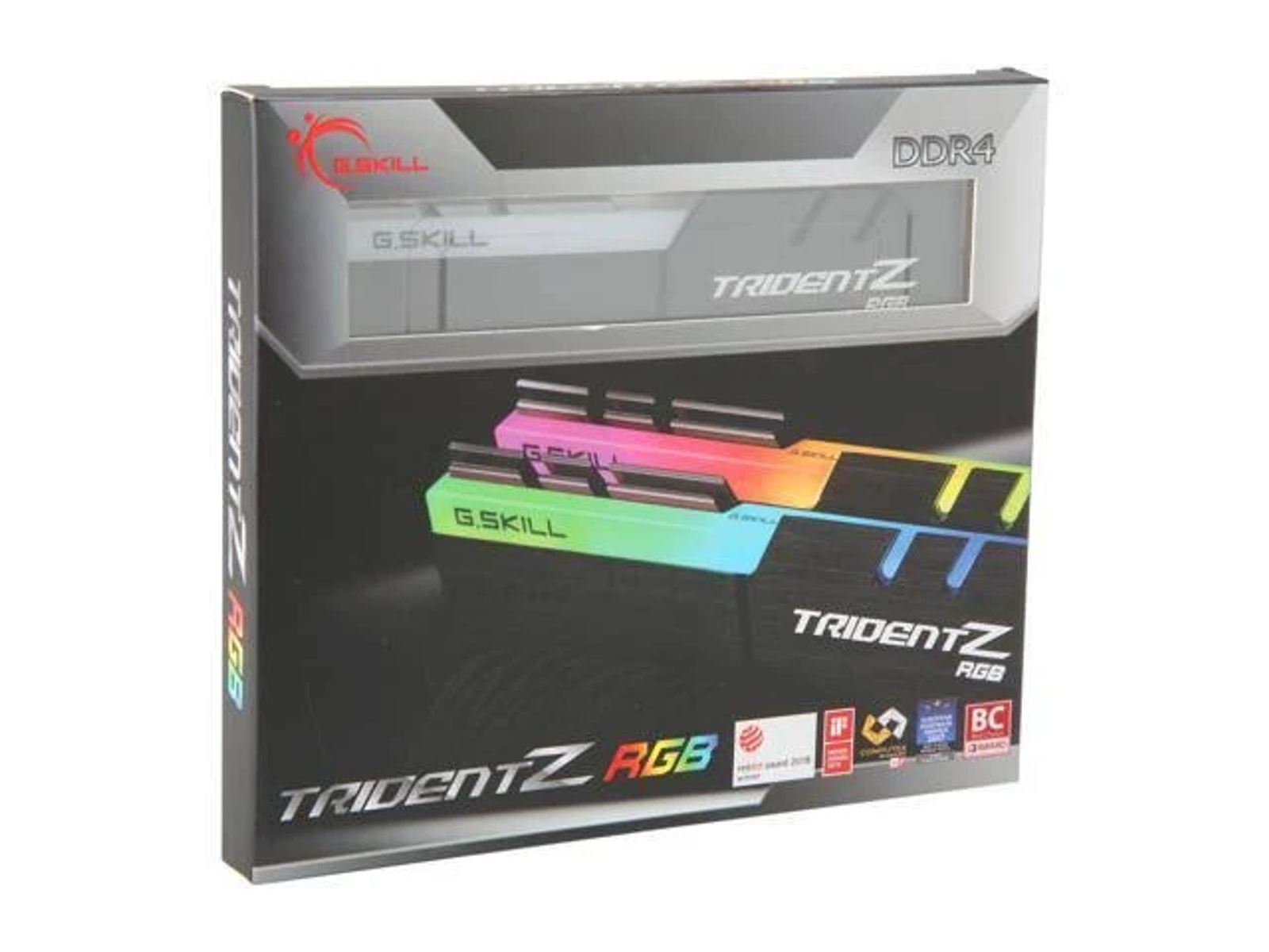 Scatola del kit RAM con il logo 'TRIDENT Z RGB'. La scatola è nera con il logo G.Skill.