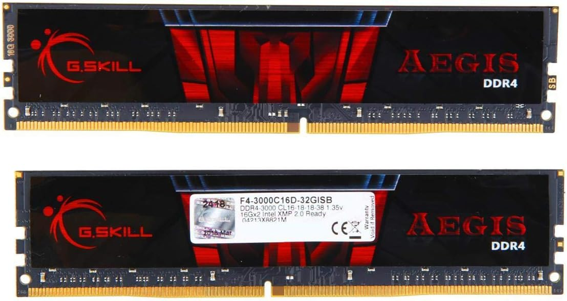 Due moduli RAM neri, G.Skill Aegis DDR4, con design rosso e nero. Connettori dorati.