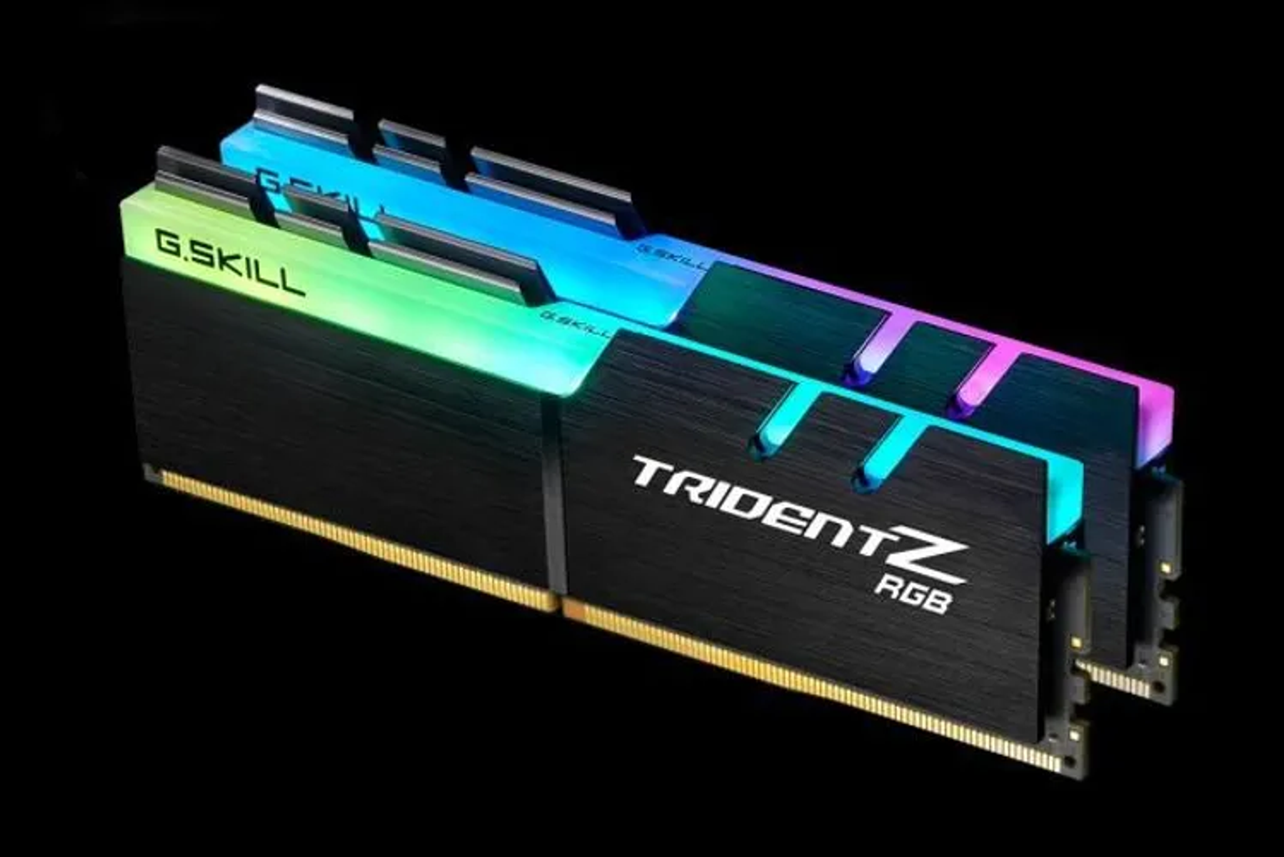 Due moduli RAM G.SKILL Trident Z RGB DDR4 con illuminazione RGB, neri con sfondo scuro.