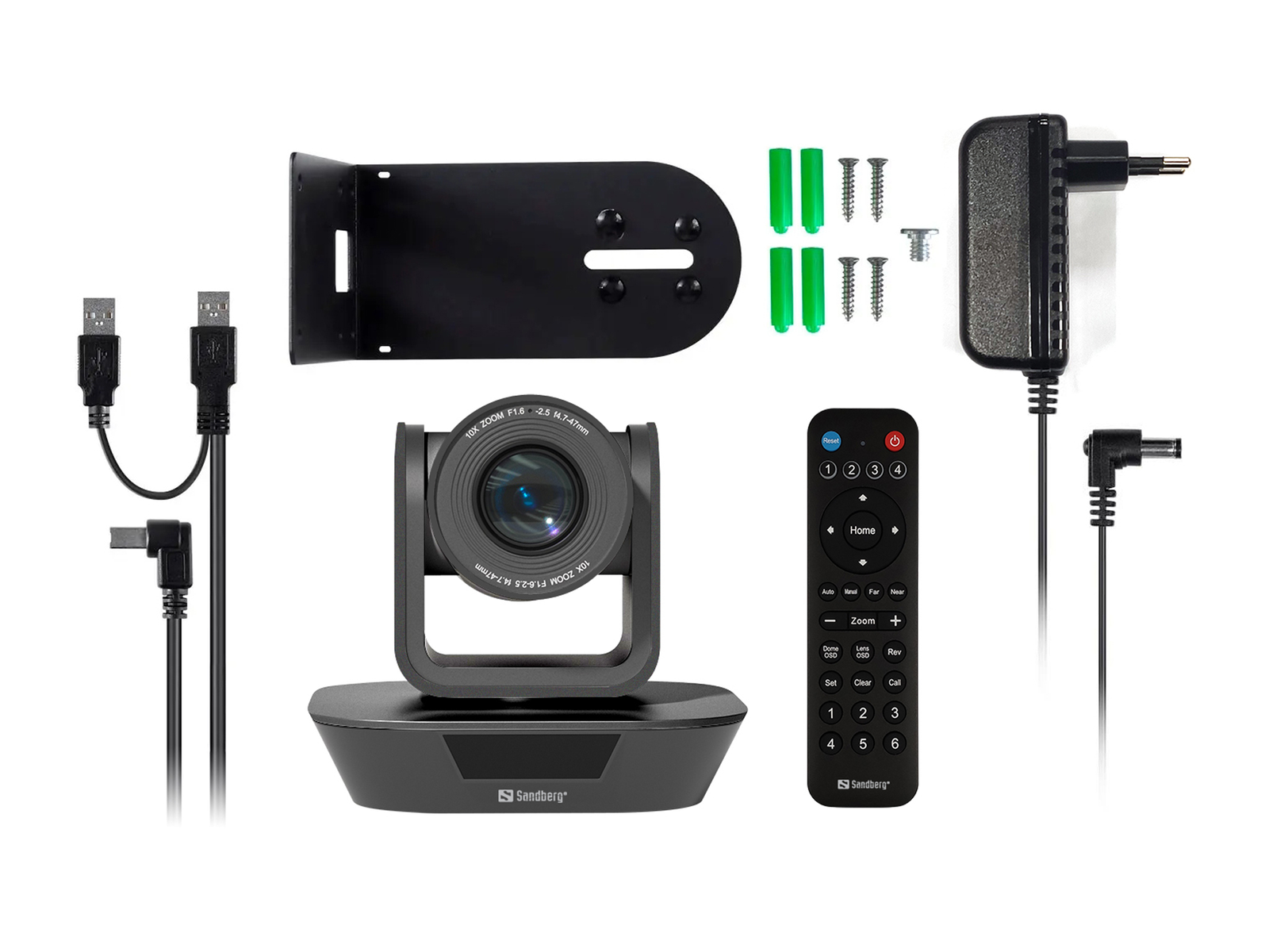 Telecamera PTZ Sandberg con accessori. Include staffa di montaggio, cavi, telecomando e adattatore di alimentazione.