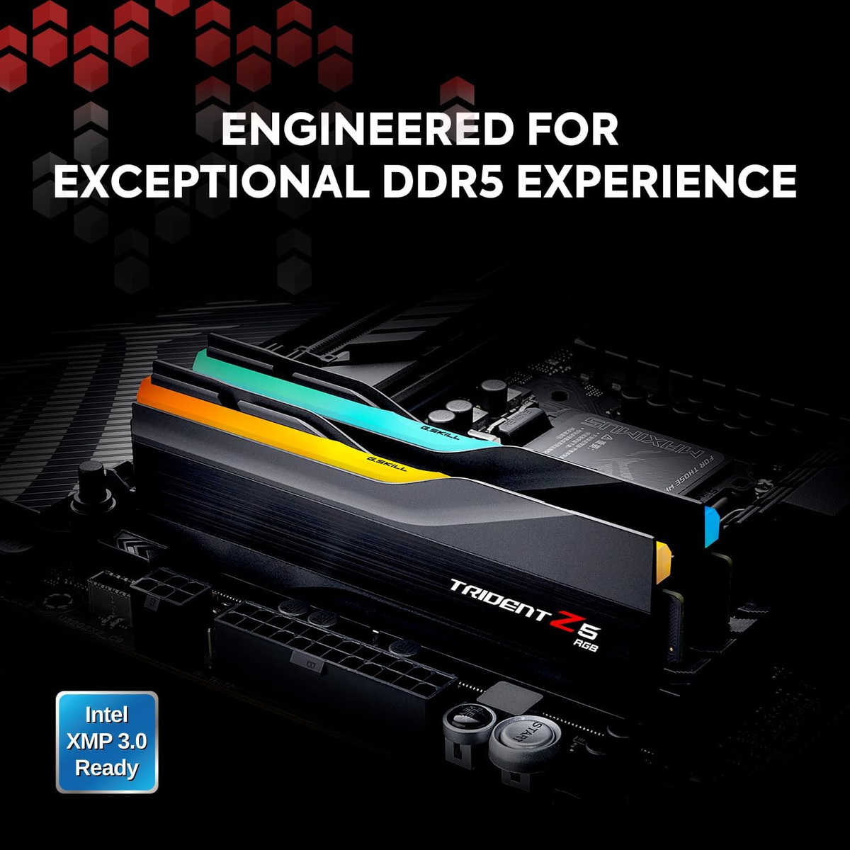 Pamięci RAM z podświetleniem RGB. Tekst: Zaprojektowany dla wyjątkowego doświadczenia DDR5, Trident Z5 RGB.