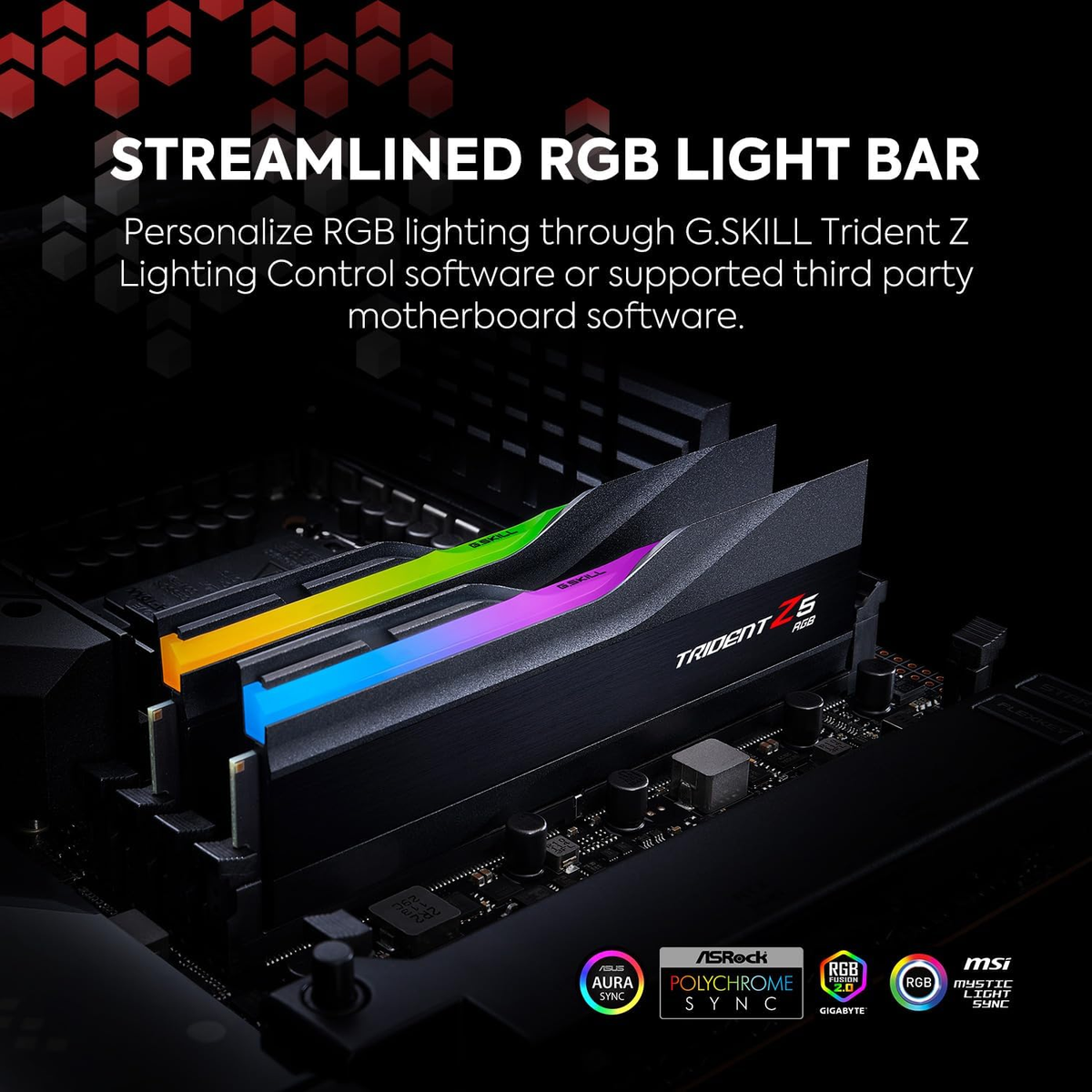 Moduły RAM z podświetleniem RGB, czarno-srebrny design na płycie głównej, z logo G.Skill.