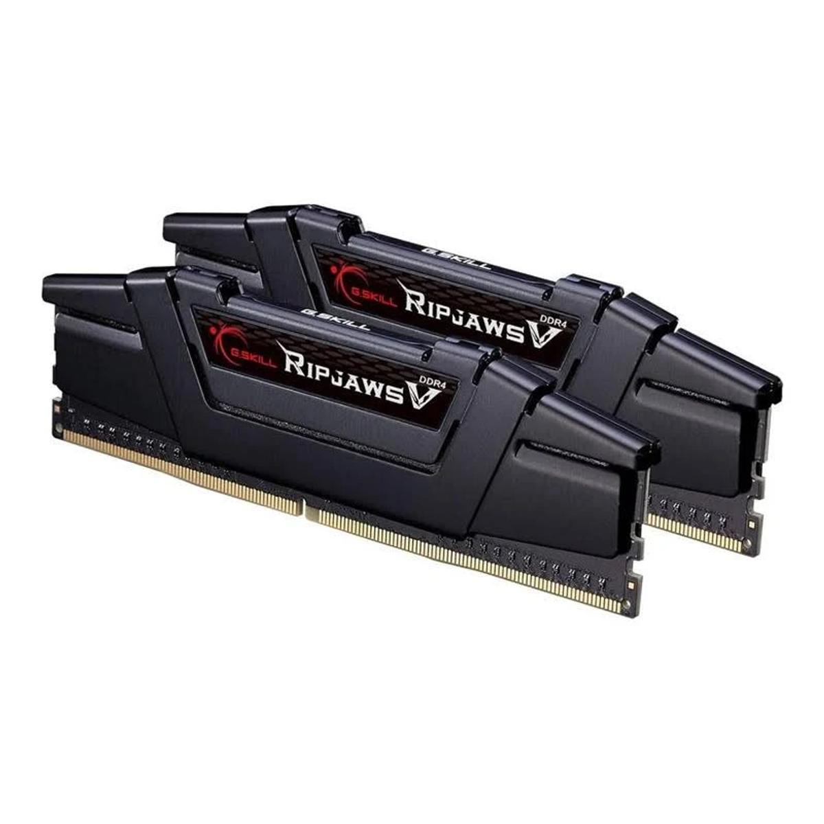 Dwa czarne moduły RAM, G.Skill Ripjaws DDR4. Czarne paski z czerwonymi akcentami.