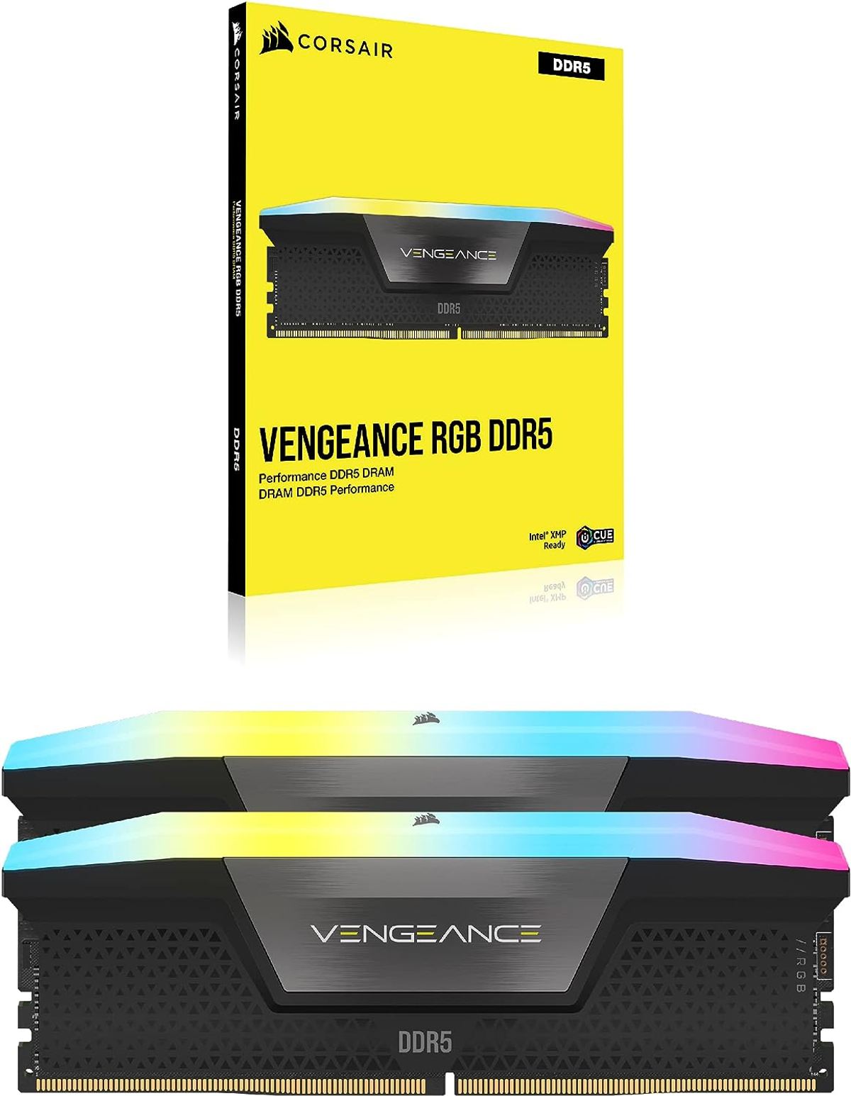 Dwa moduły RAM z podświetleniem RGB i pudełko. Na pudełku napis DDR5 i Corsair Vengeance.