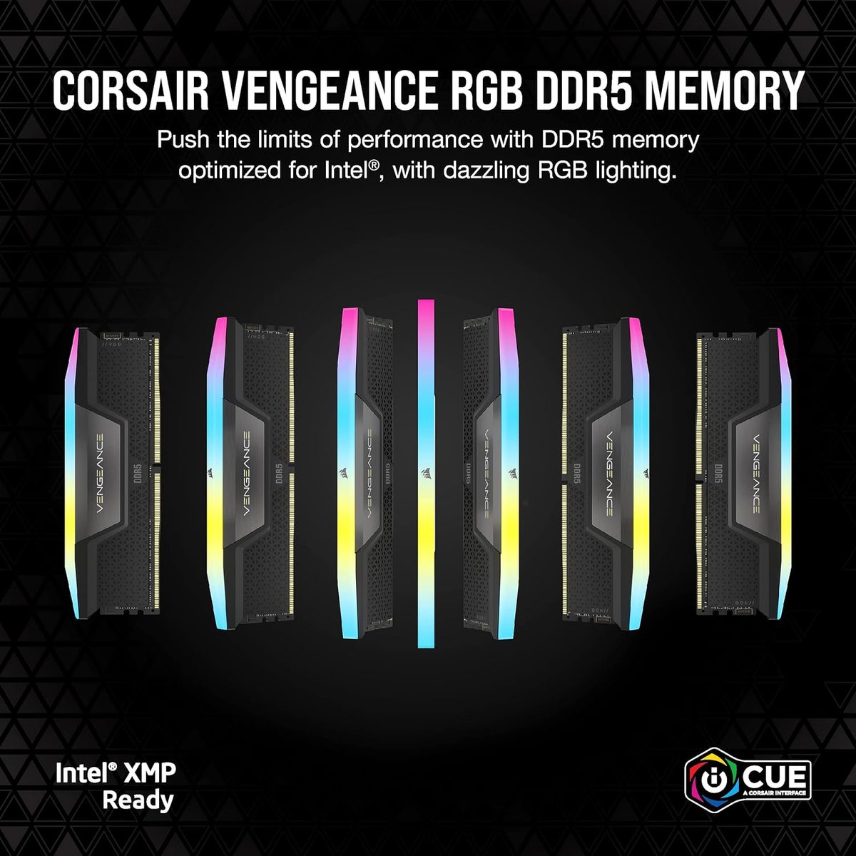 Moduły pamięci Corsair Vengeance RGB DDR5. Mają kolorowe oświetlenie RGB.