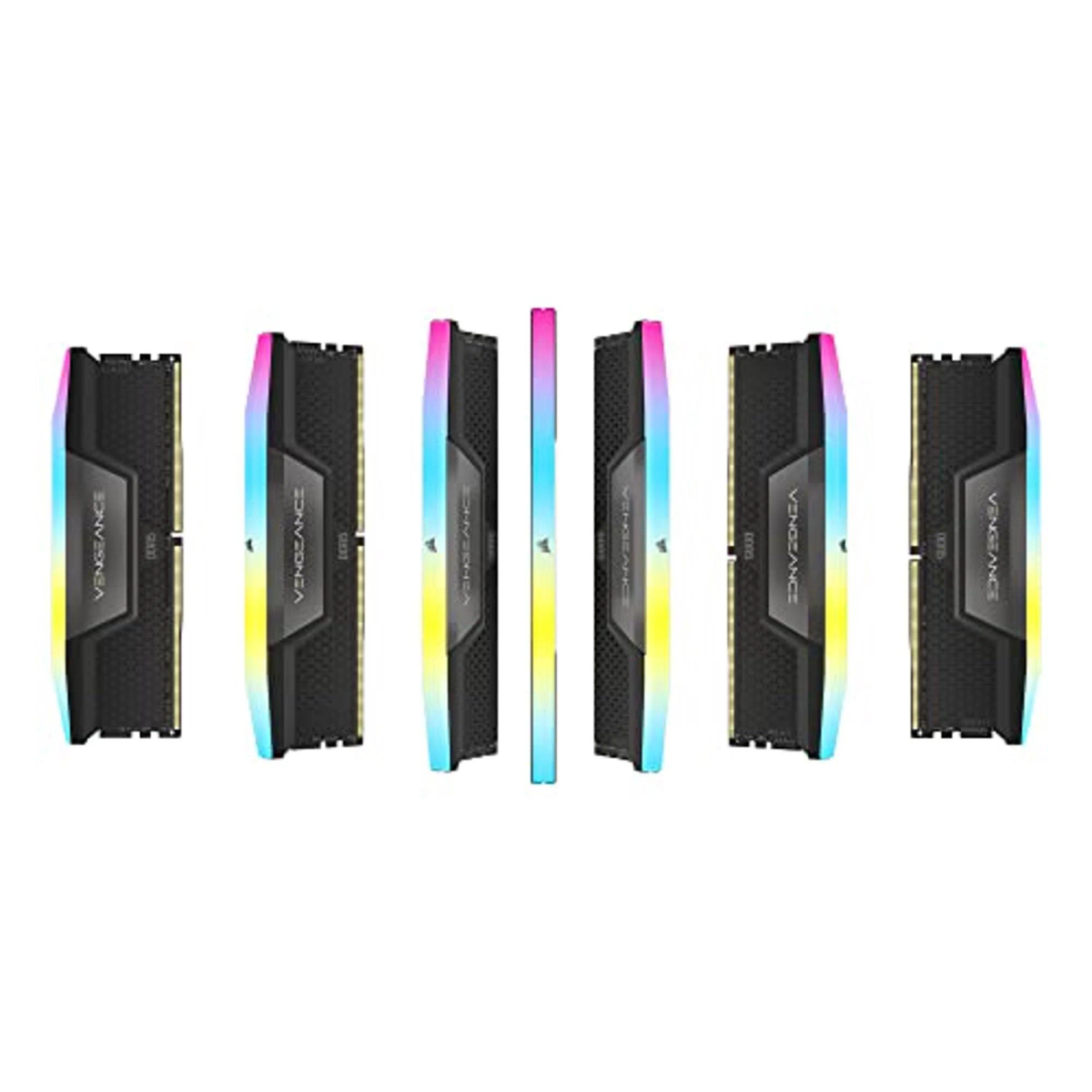 Wiele kości RAM z podświetleniem RGB. Są czarne z kolorowymi, świecącymi światłami.