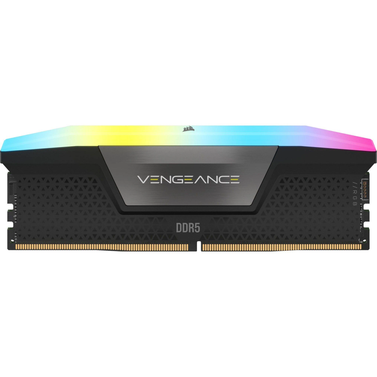 Pojedyncza czarna kość RAM z oświetleniem RGB na górze, z oznaczeniami Vengeance i DDR5.