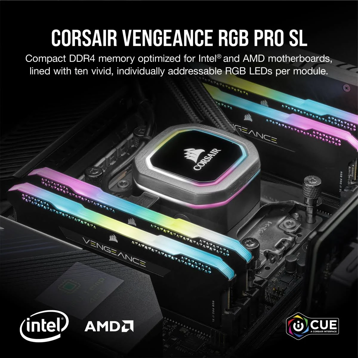 Podzespoły PC z kolorowymi diodami LED. Pamięci Corsair Vengeance RGB Pro SL zamontowane na płycie głównej.