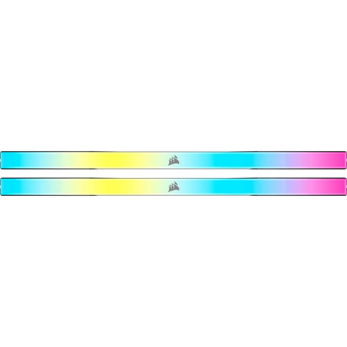 Dwa moduły RAM Corsair RGB. Gradient kolorów od niebieskiego do różowego. Logo Corsair na każdym.