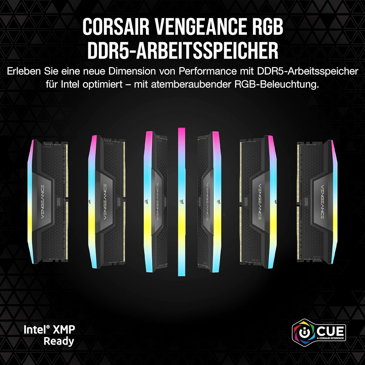 Pamięci RAM Corsair Vengeance DDR5 z podświetleniem RGB na obrazie promocyjnym.