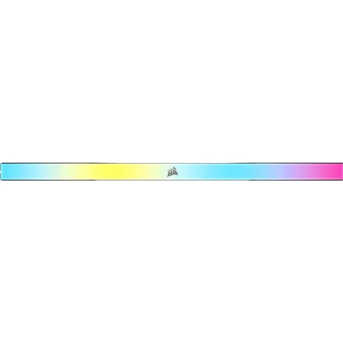 Modulo RAM RGB su sfondo bianco. Logo Corsair presente. Colori che vanno dal giallo al rosa.