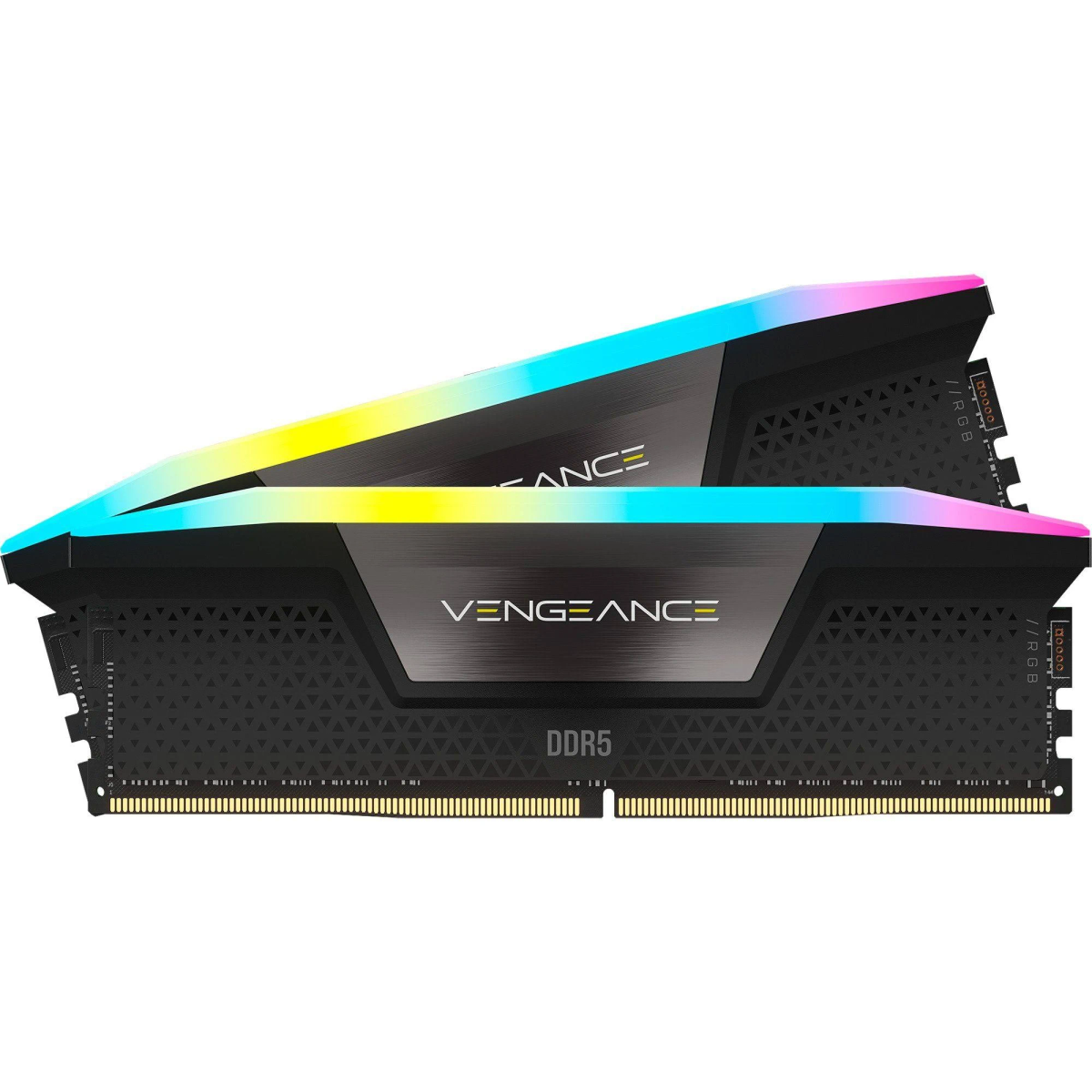 Due stick RAM con illuminazione RGB, etichettati Vengeance DDR5.