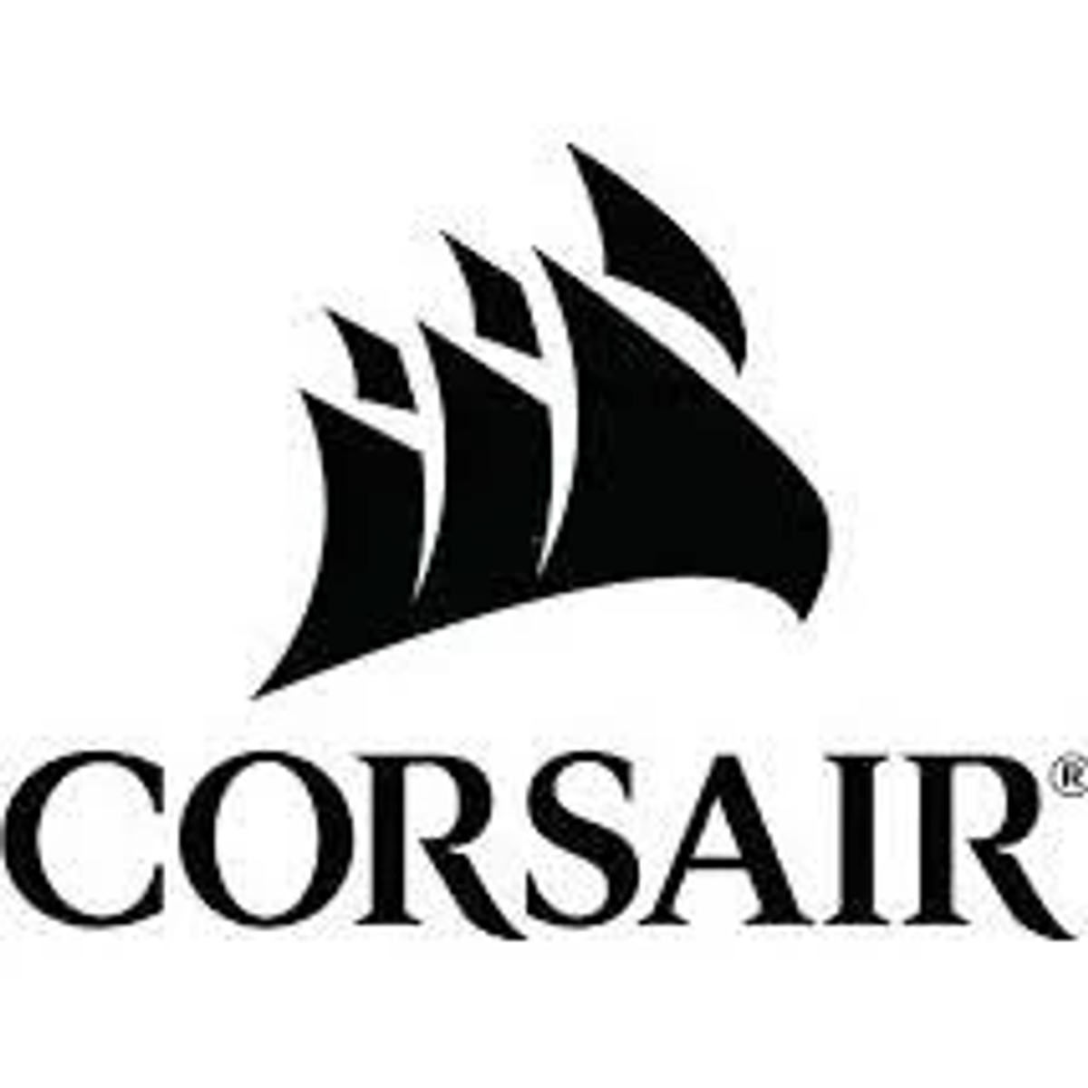 Logo Corsair, przedstawiające czarny, stylizowany symbol żagla z napisem "CORSAIR" poniżej.