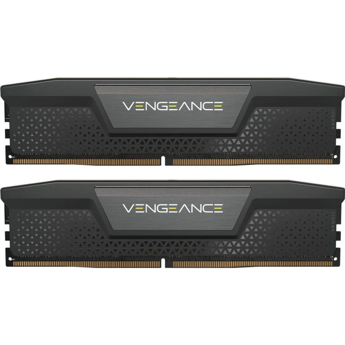 Dwa czarne paski pamięci RAM z napisem 'VENGEANCE'. Mają szczegółowy, geometryczny wzór po bokach.