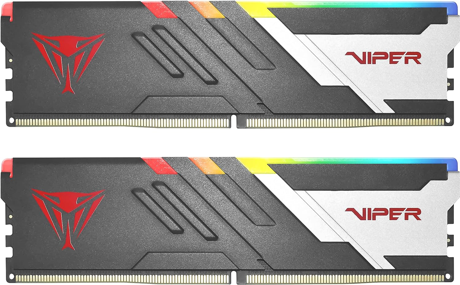 Zwei RAM-Riegel mit Kühlkörpern. Rotes Viper-Logo, schwarzes und silbernes Design.