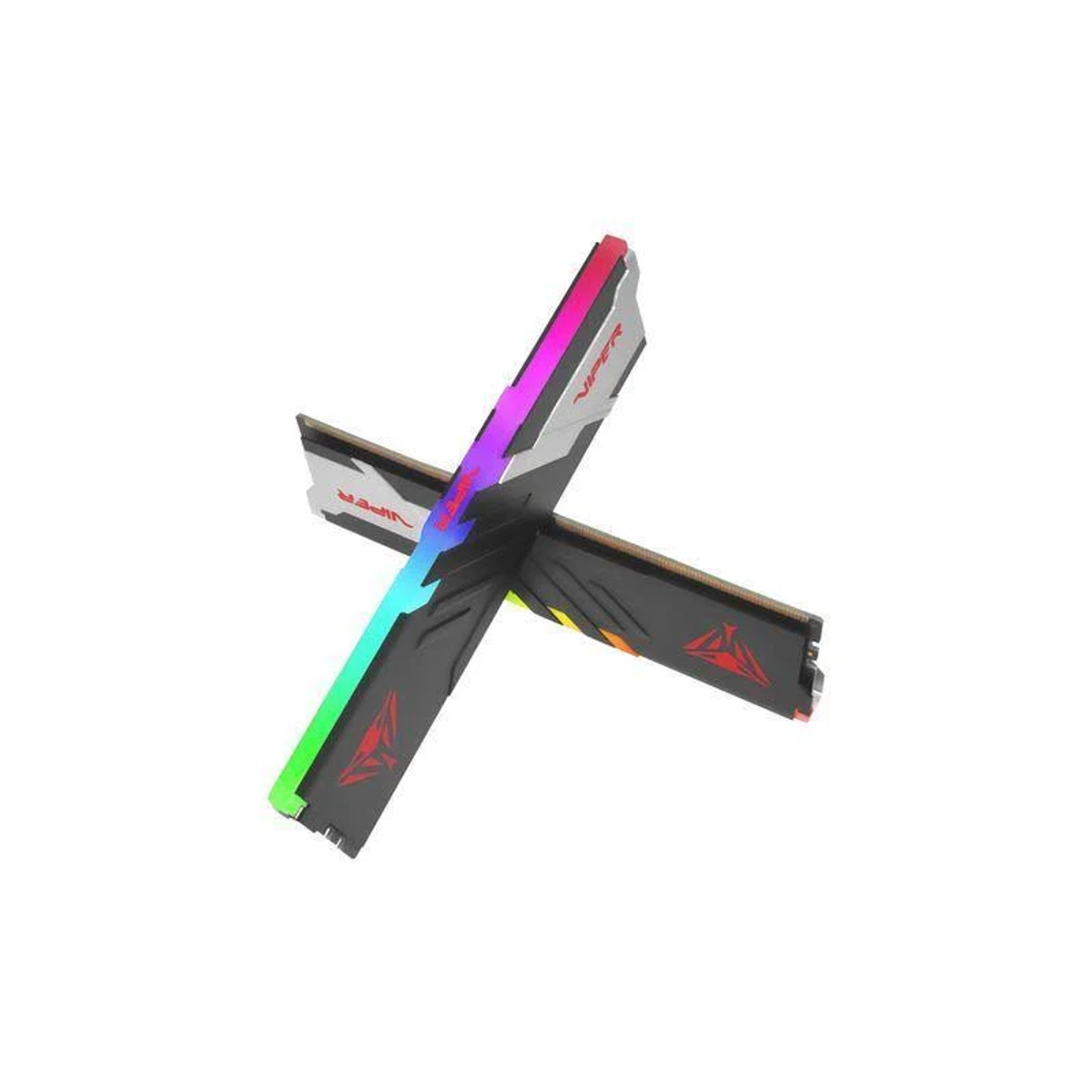 Due stick RAM neri, incrociati, con loghi rossi e LED multicolore. Sfondo bianco.