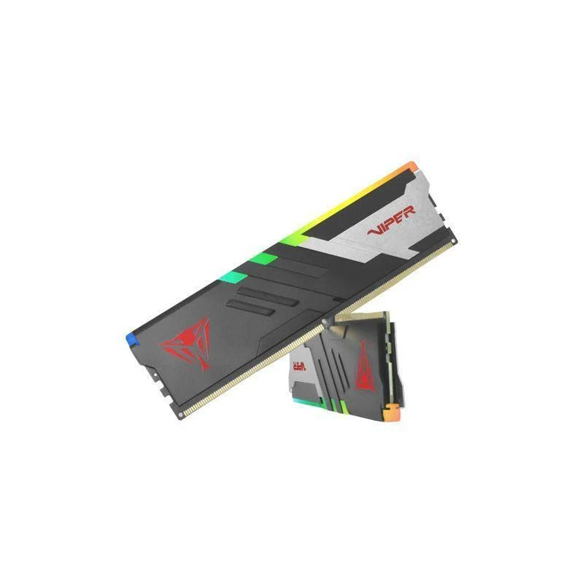 Uno stick RAM con luci RGB. Il marchio è Viper. La RAM è nera e ha un logo rosso.
