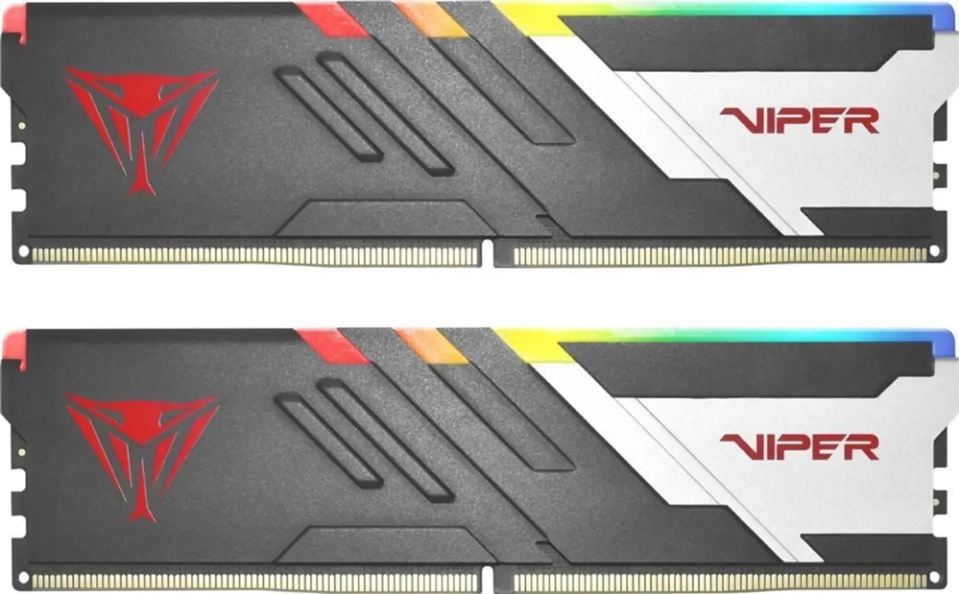 Due stick RAM neri con logo Viper e il nome Viper in rosso e luci colorate in alto.