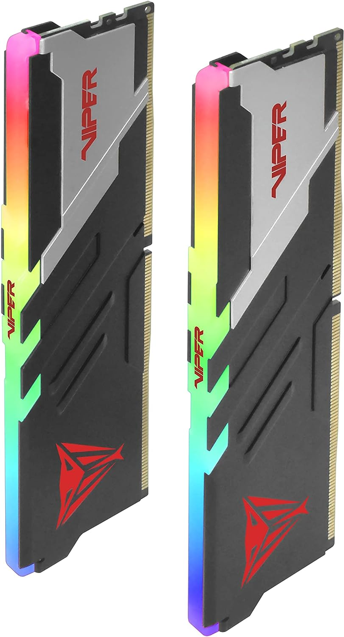 Zwei RAM-Riegel mit RGB-Beleuchtung, silber-schwarzes Design, mit rotem Logo.