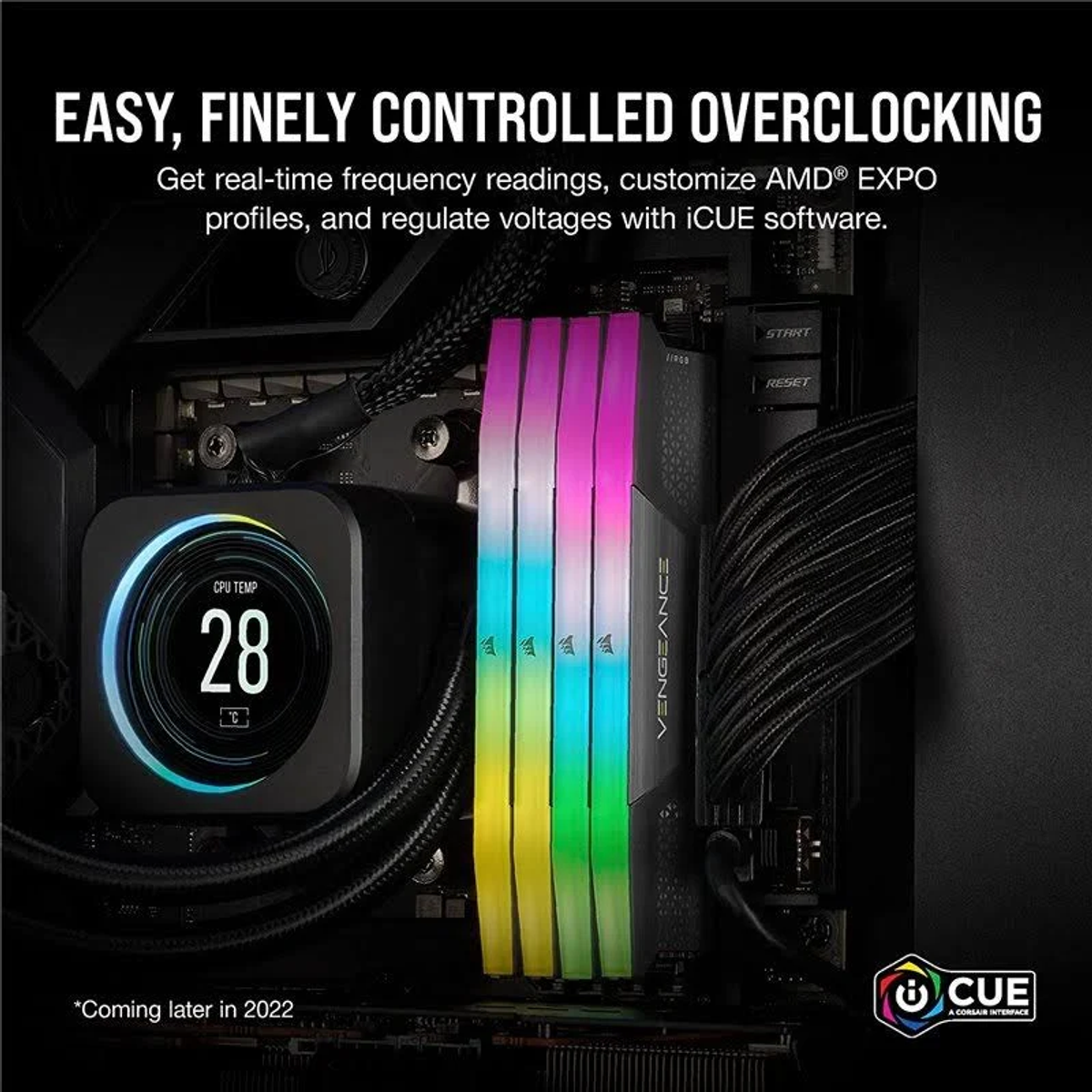Komponenty PC: chłodzenie CPU, RAM z podświetleniem RGB i tekst o podkręcaniu.