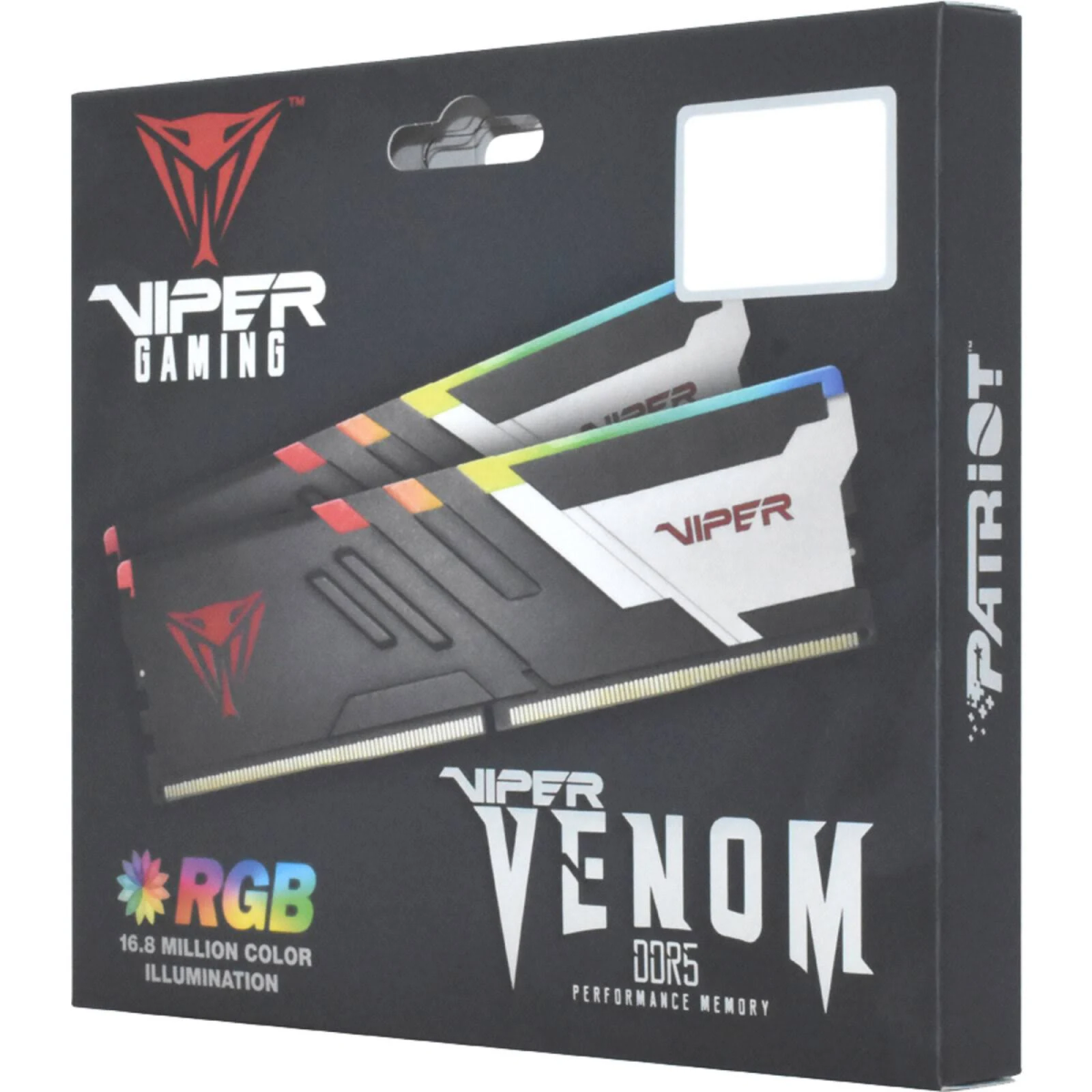 Scatola nera con moduli RAM. Logo 'Viper Gaming', RGB e testo 'Venom DDR5' visibili.