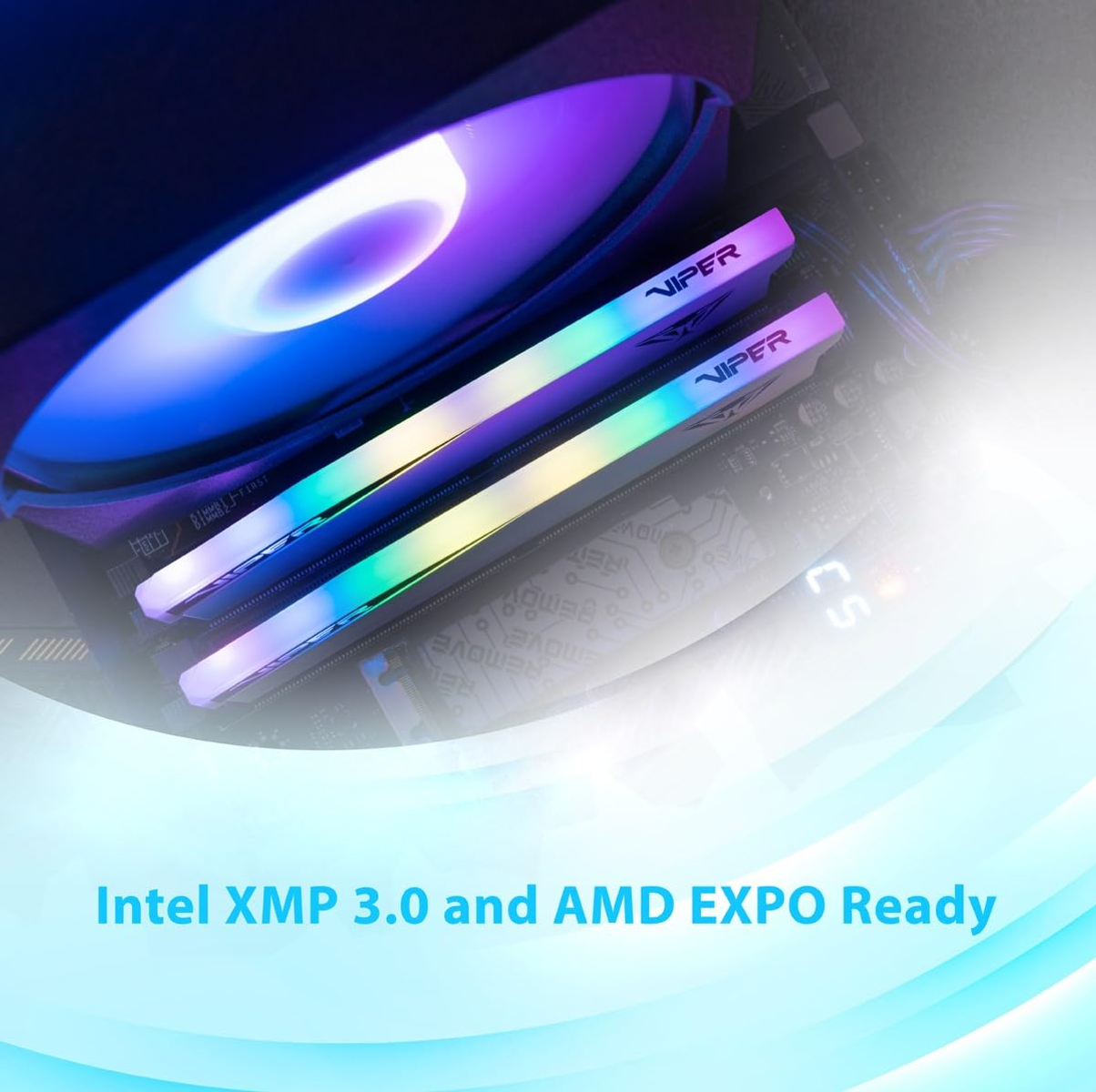 Due stick RAM con luci RGB. Il marchio è Viper. Lo sfondo è una configurazione PC.