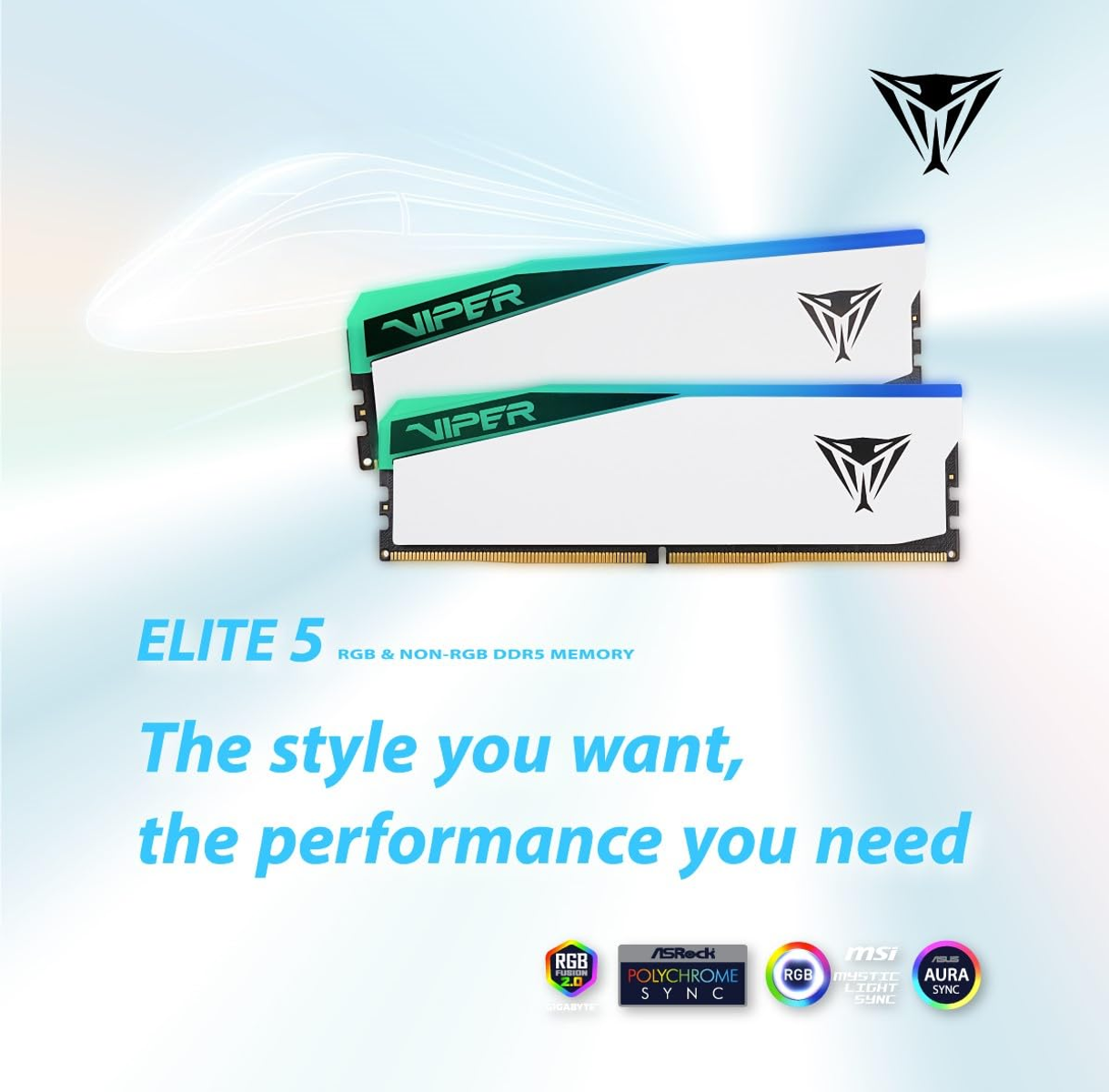 Due stick RAM bianchi con logo Viper, luce blu e verde, con testo sovrapposto.