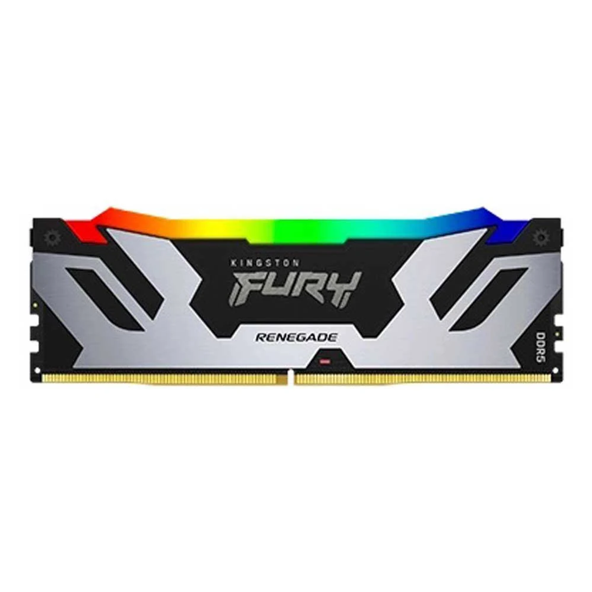 Kość RAM Kingston FURY Renegade DDR5. Czarno-srebrny design z podświetleniem RGB na górnej krawędzi. Marka jest widoczna.