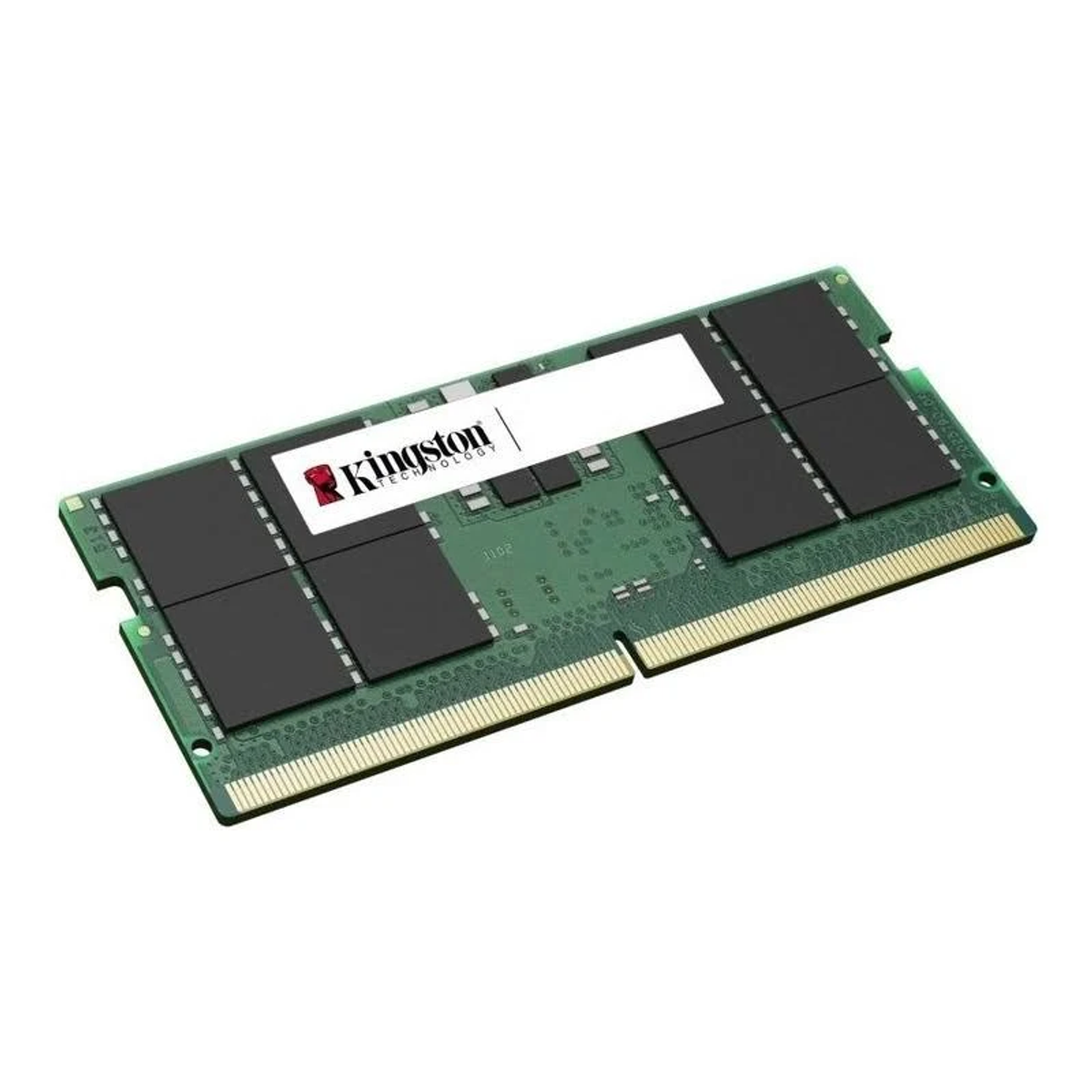 Kingston RAM modülü, yeşil devre kartı, siyah RAM yongaları, beyaz etiket.
