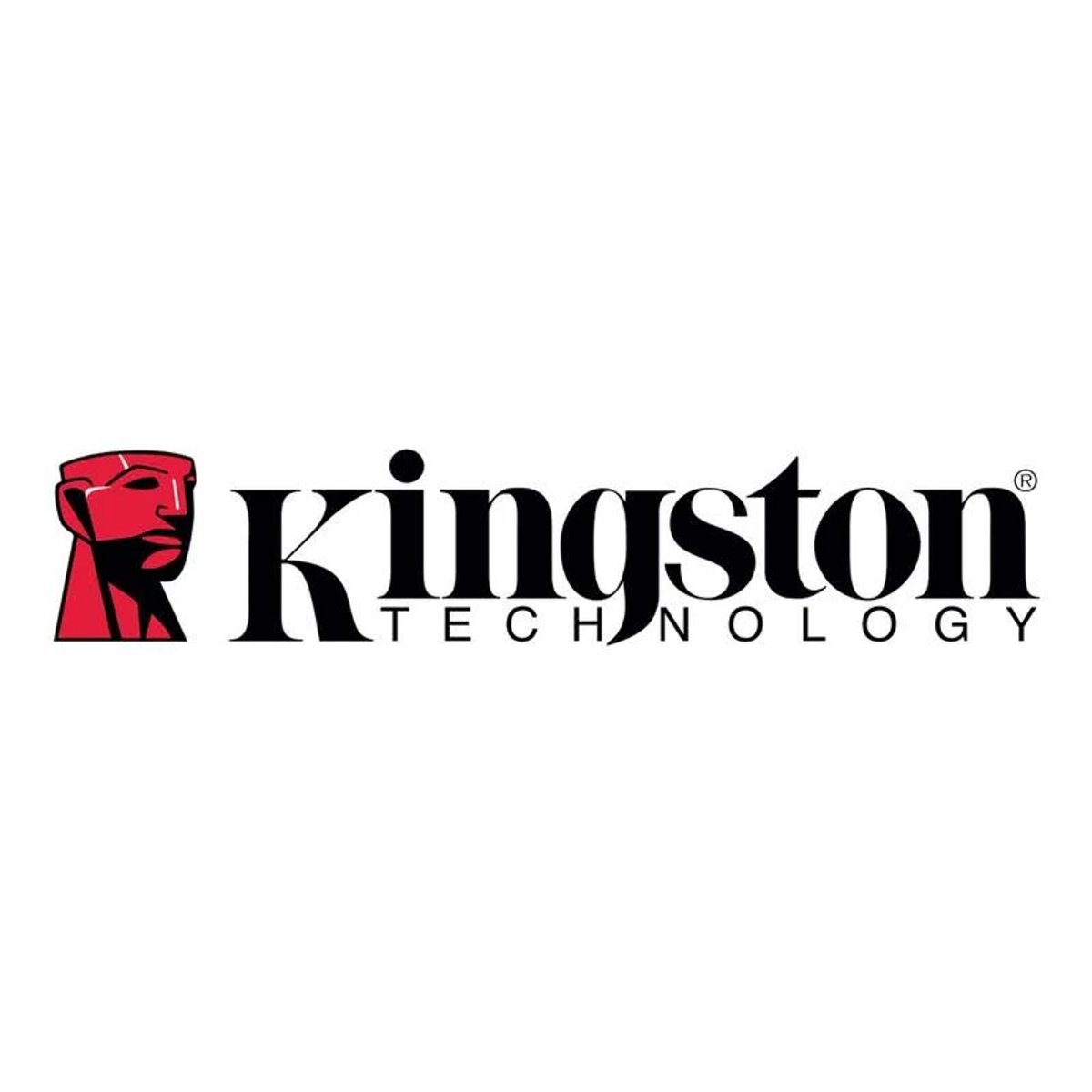 Kırmızı kafa simgesi ve siyah metinli Kingston Technology logosu beyaz arka planda.