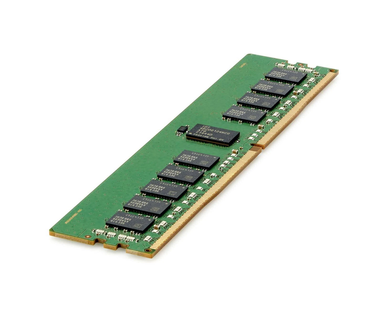 Uno stick RAM verde con chip neri e connettori dorati. Sfondo bianco.