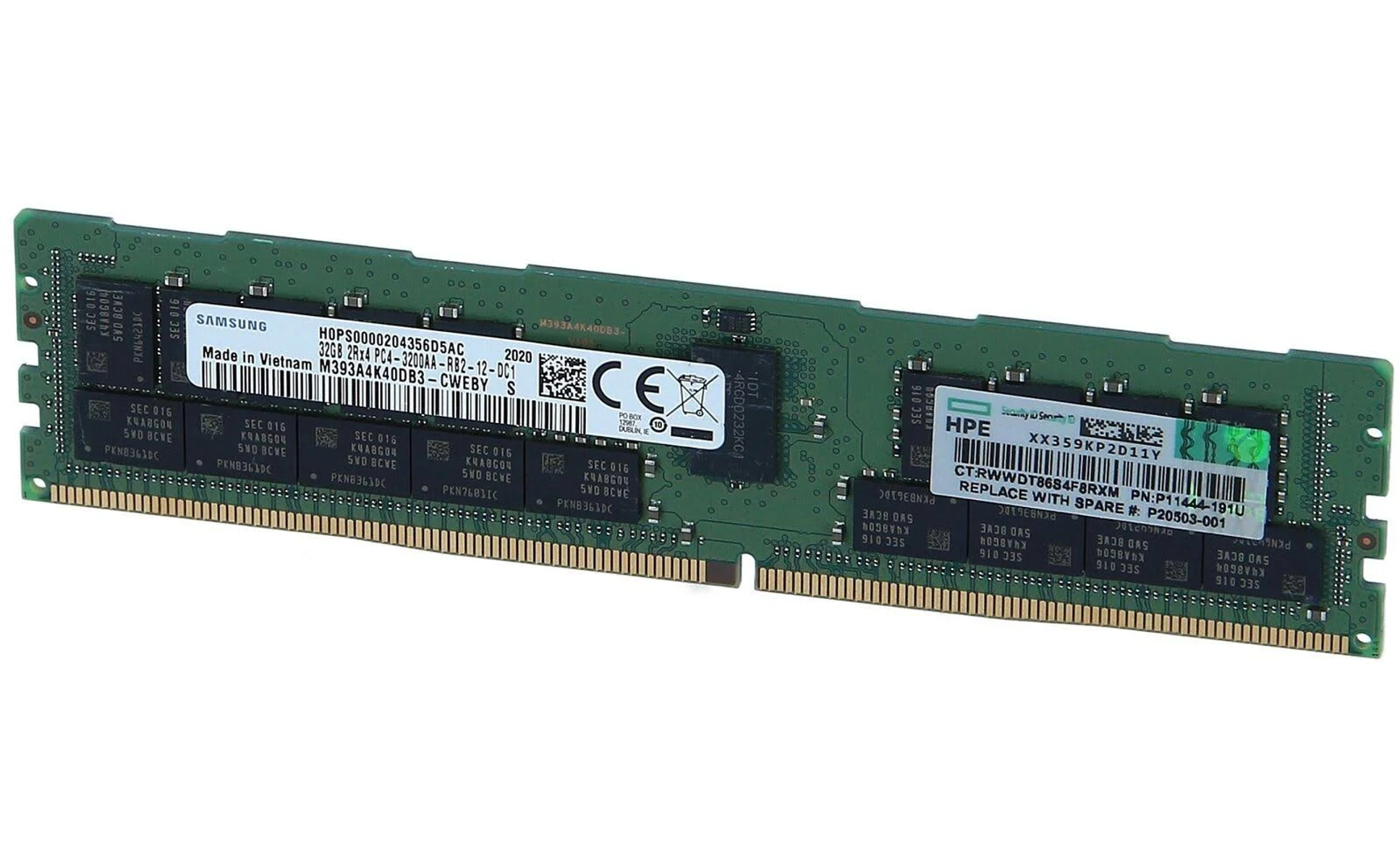Un modulo RAM verde con etichette Samsung e HP. Ha più chip.