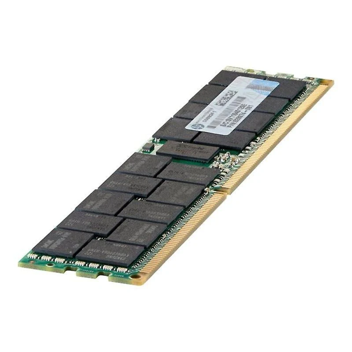 Un modulo di RAM per computer con chip neri e connettore dorato su sfondo bianco.