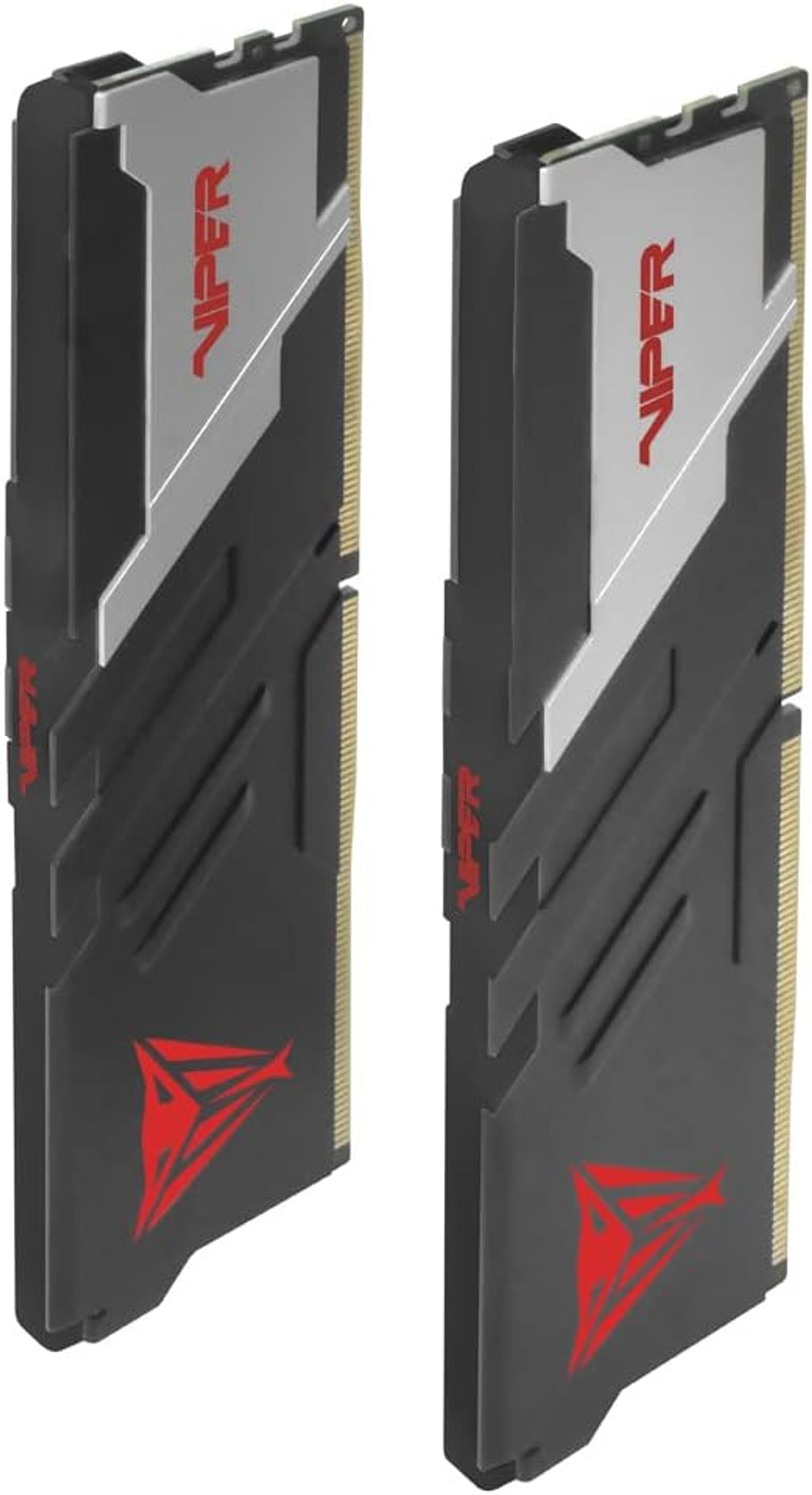 Zwei schwarze RAM-Sticks mit silbernen und roten Akzenten. Das Viper-Logo ist rot sichtbar.