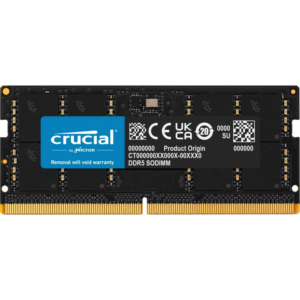 Un banco RAM nero con etichetta blu Crucial e logo Micron.