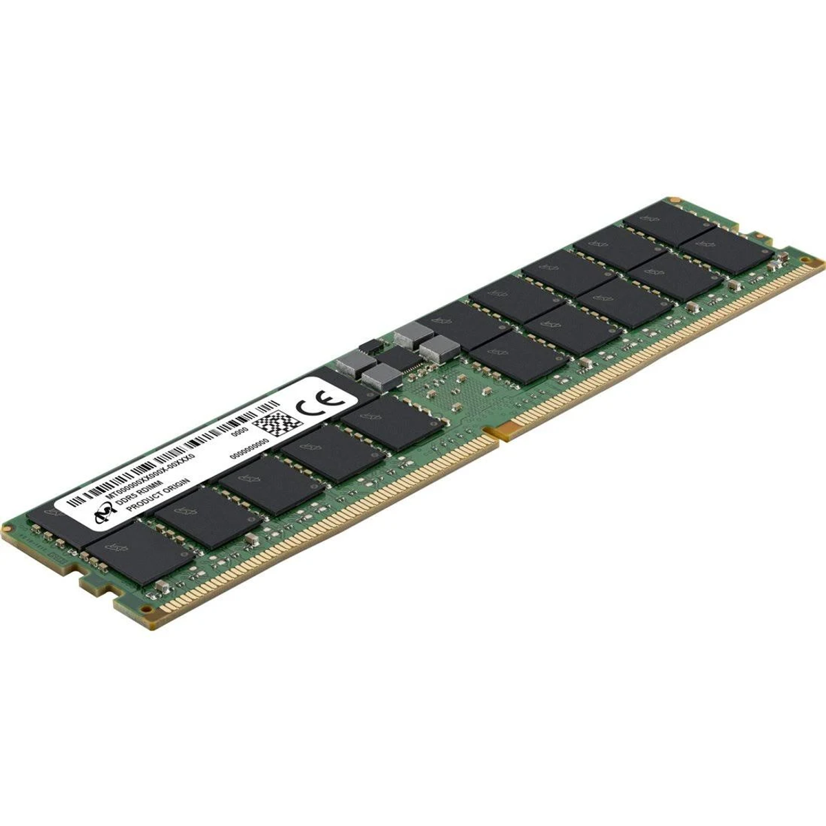 Scheda verde con chip di memoria neri e contatti argentati, marchio CE.