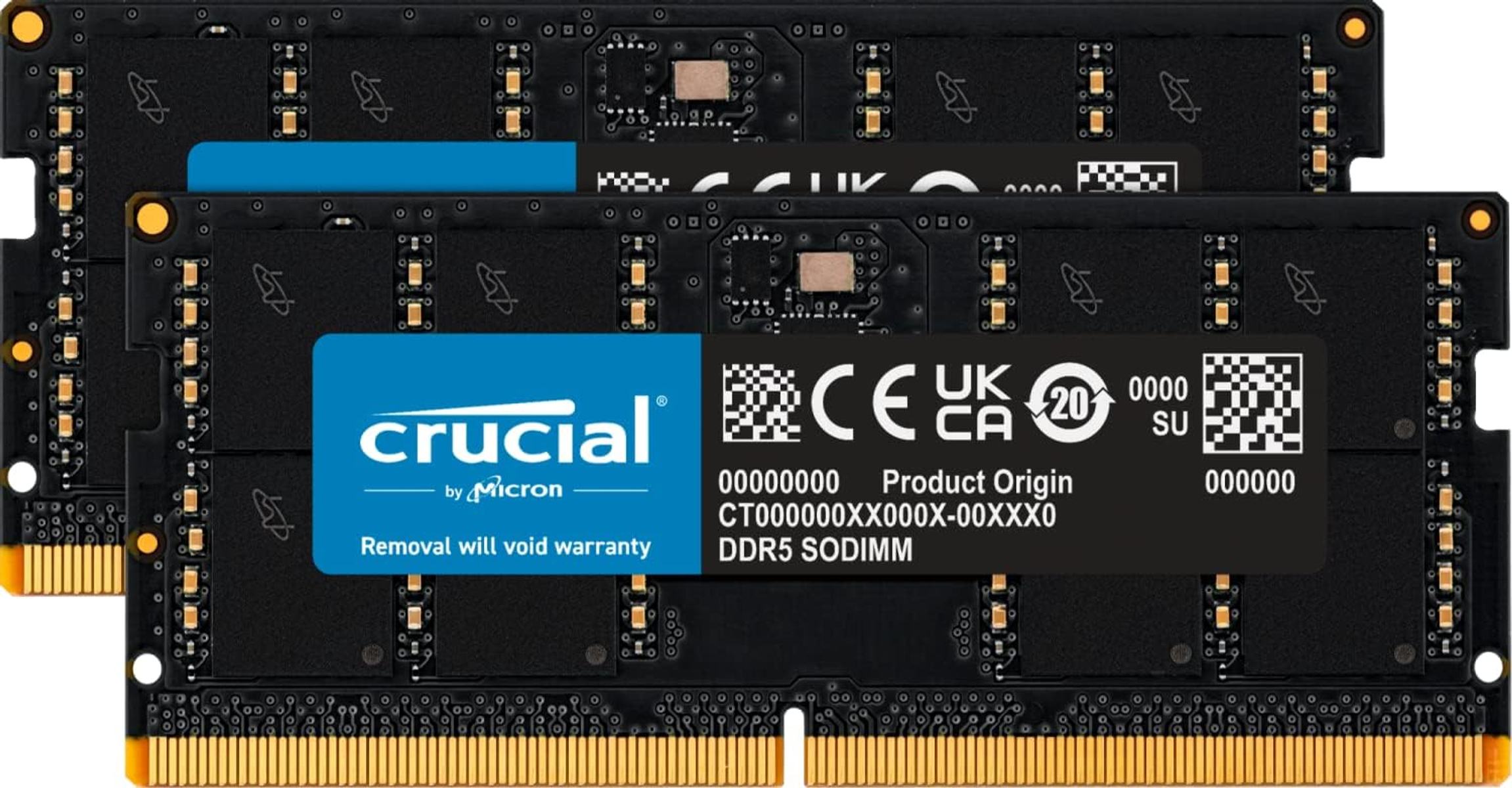 Due moduli RAM neri con etichette blu Crucial by Micron, su sfondo bianco.
