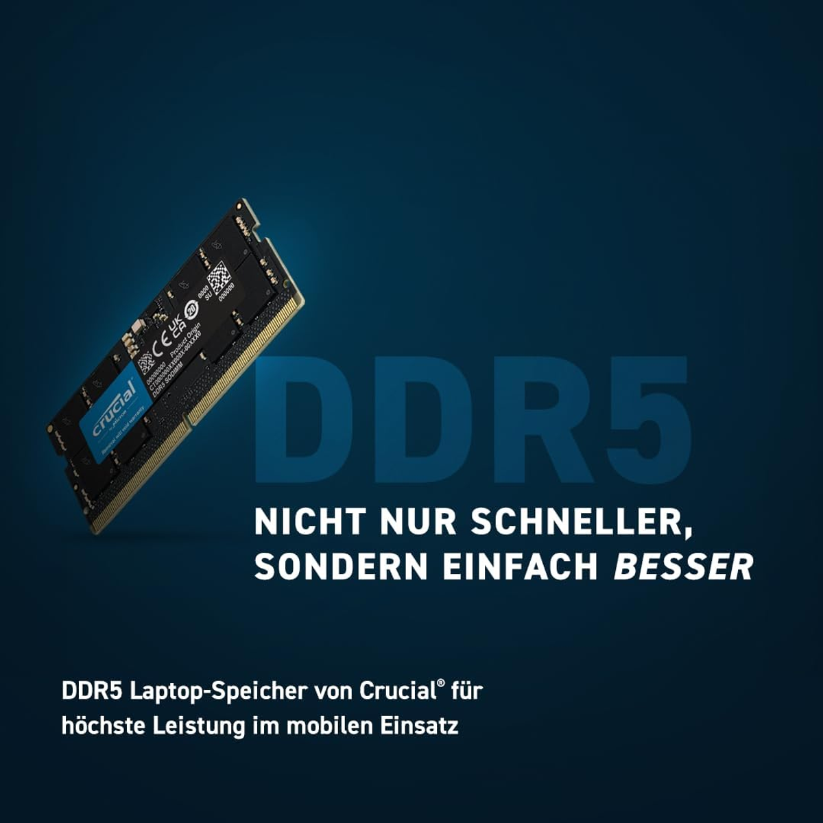 Modulo RAM DDR5 con testo. Sfondo blu con testo in tedesco.
