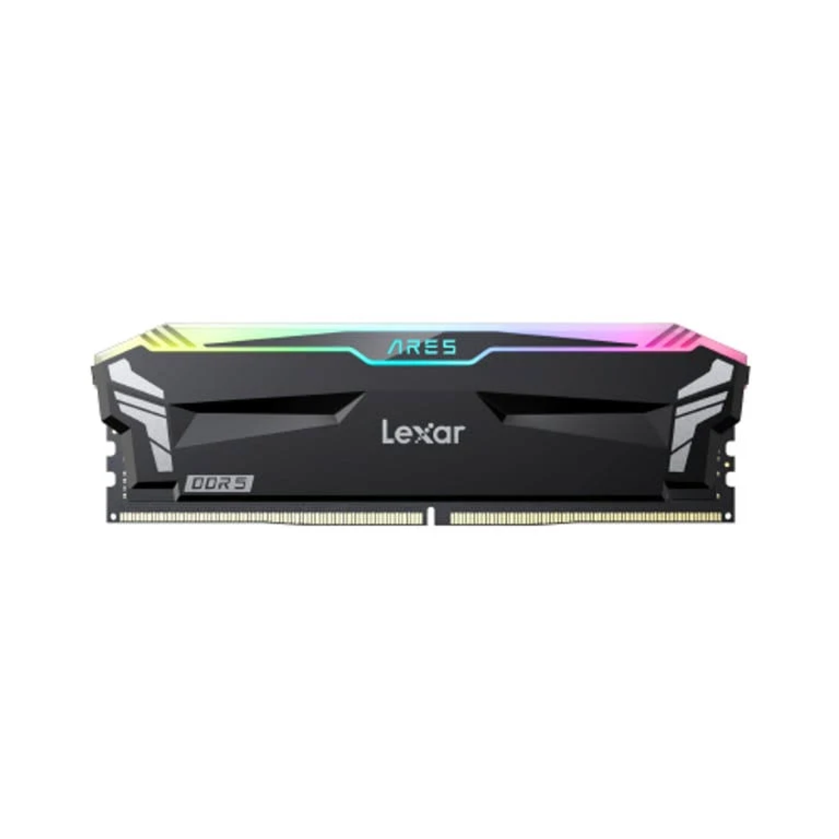 Moduł RAM Lexar Ares DDR5 z podświetleniem RGB na białym tle.