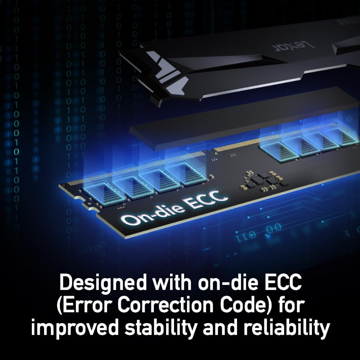 Czarny komponent komputera z niebieskimi światłami i słowami 'On-die ECC'.